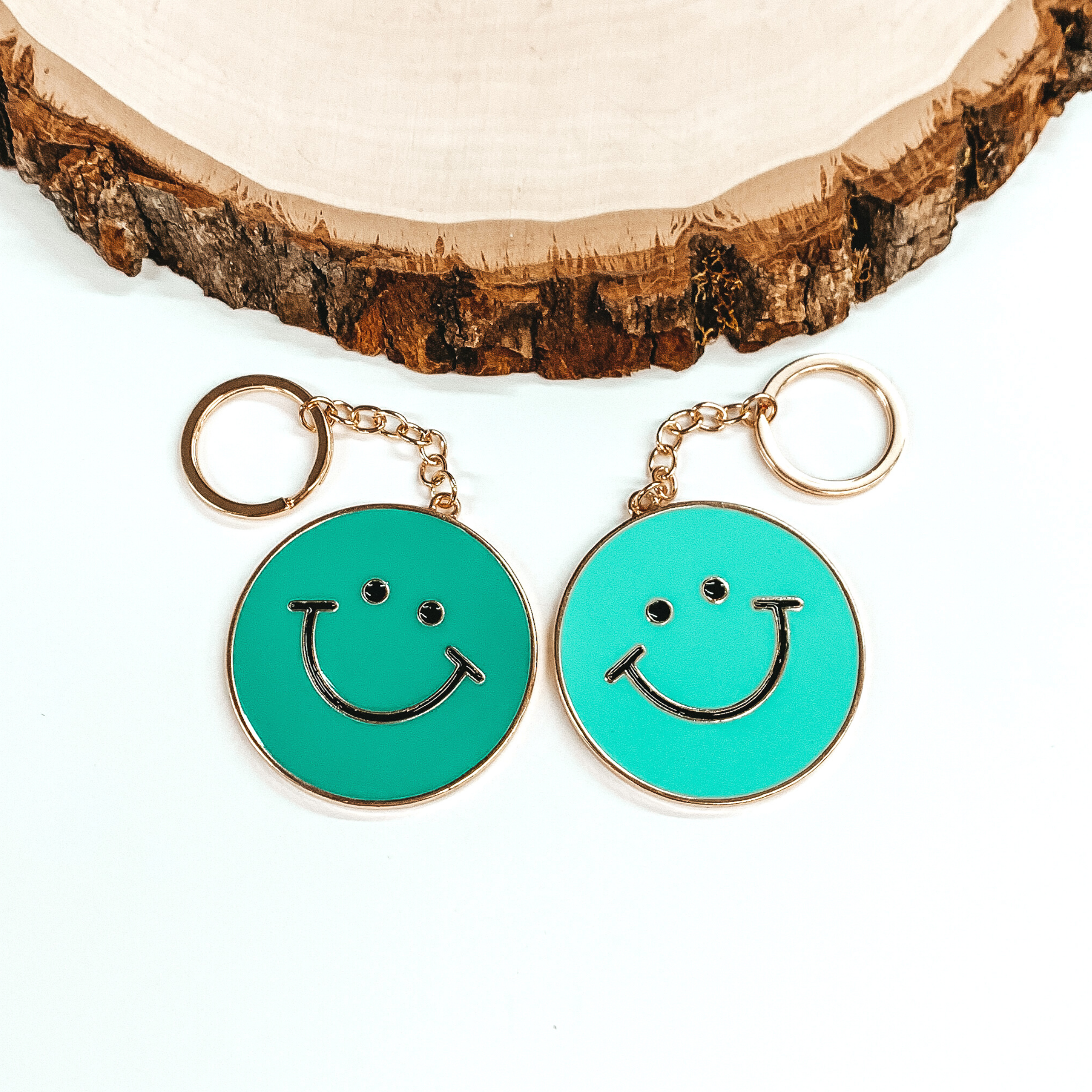 Circle Pendant Key Chain with Happy Face in Mint/Turquoise - Giddy Up Glamour Boutique