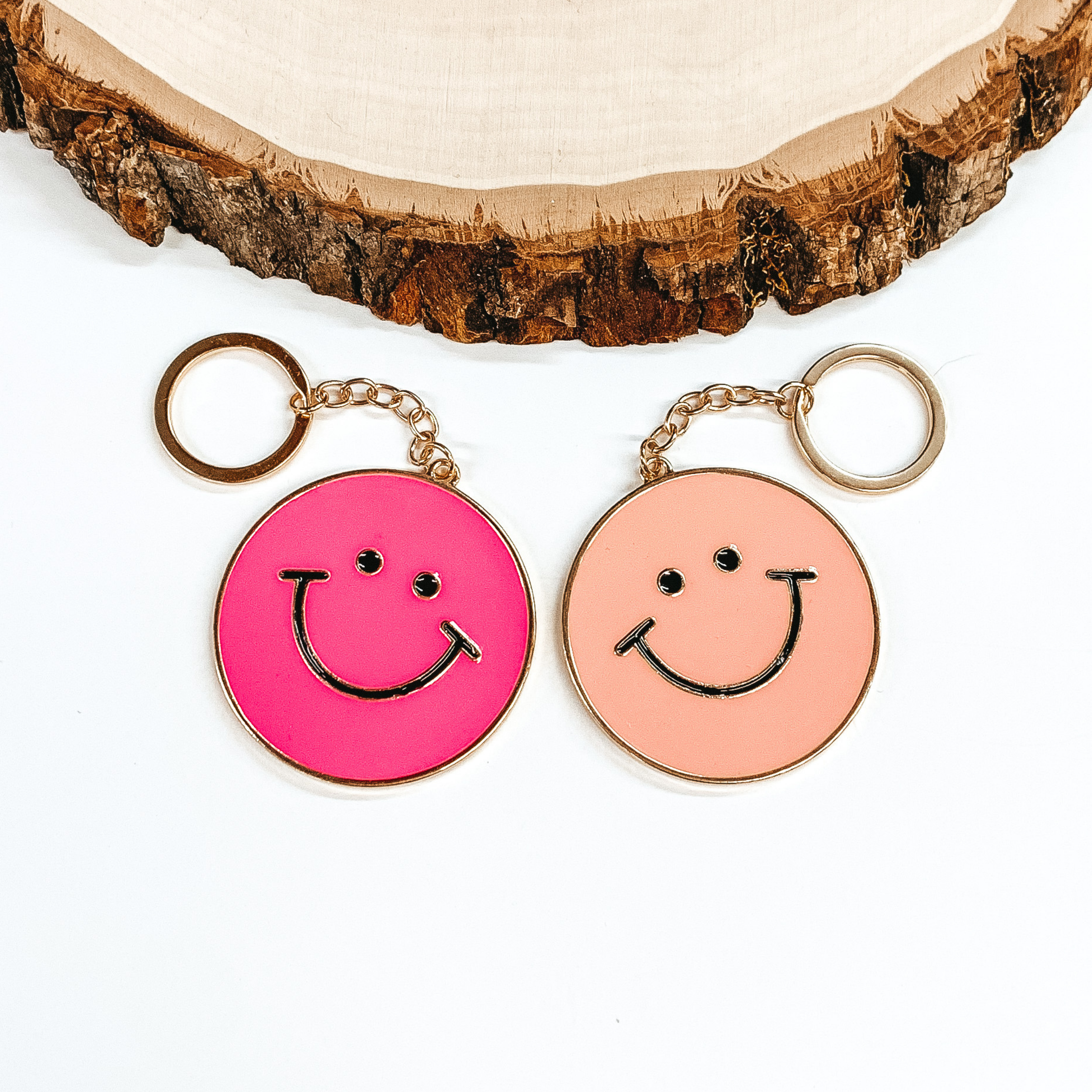 Circle Pendant Key Chain with Happy Face in Pink/Hot Pink - Giddy Up Glamour Boutique