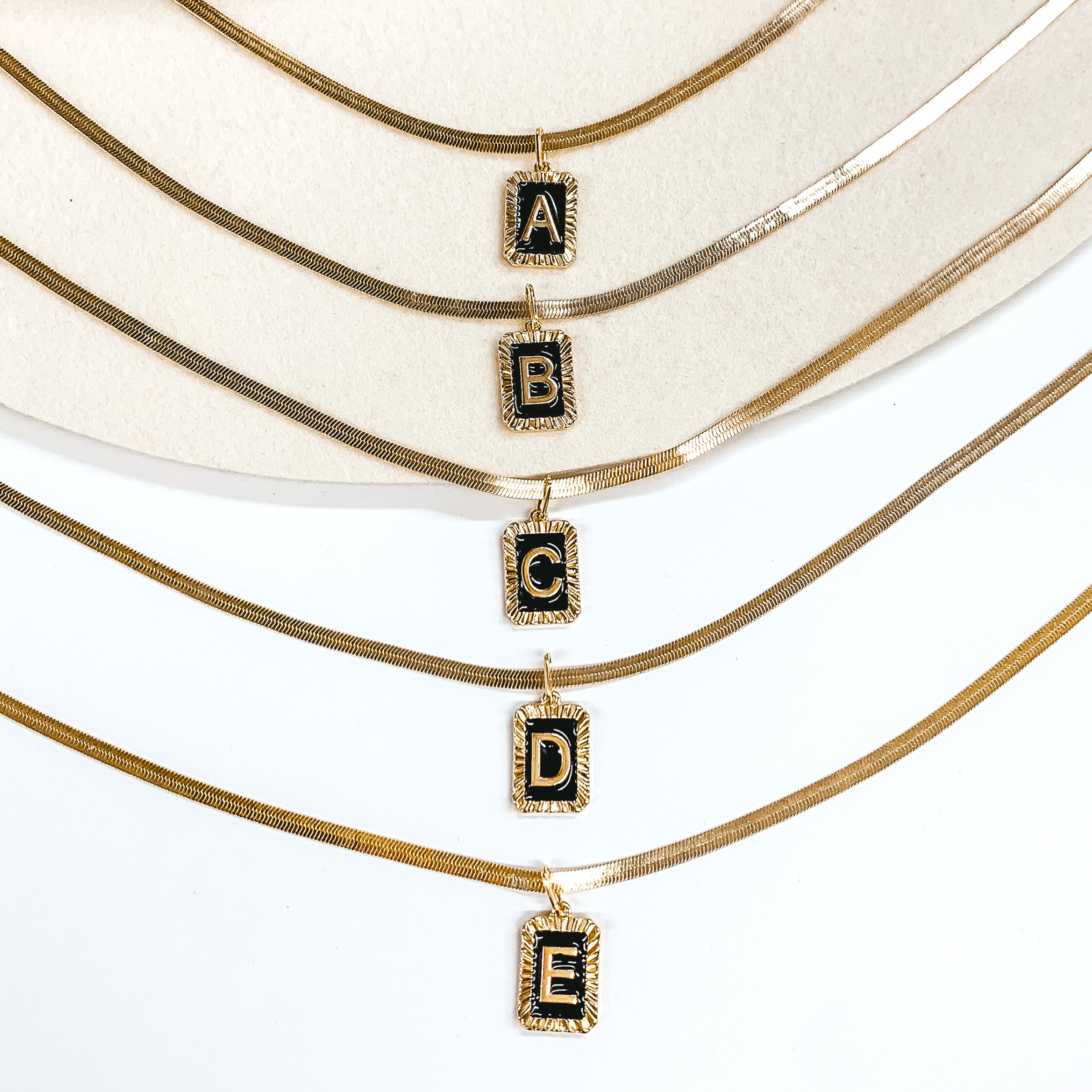 Gold Tone Herringbone Chain Necklace with Rectangle Initial Pendant in Black - Giddy Up Glamour Boutique