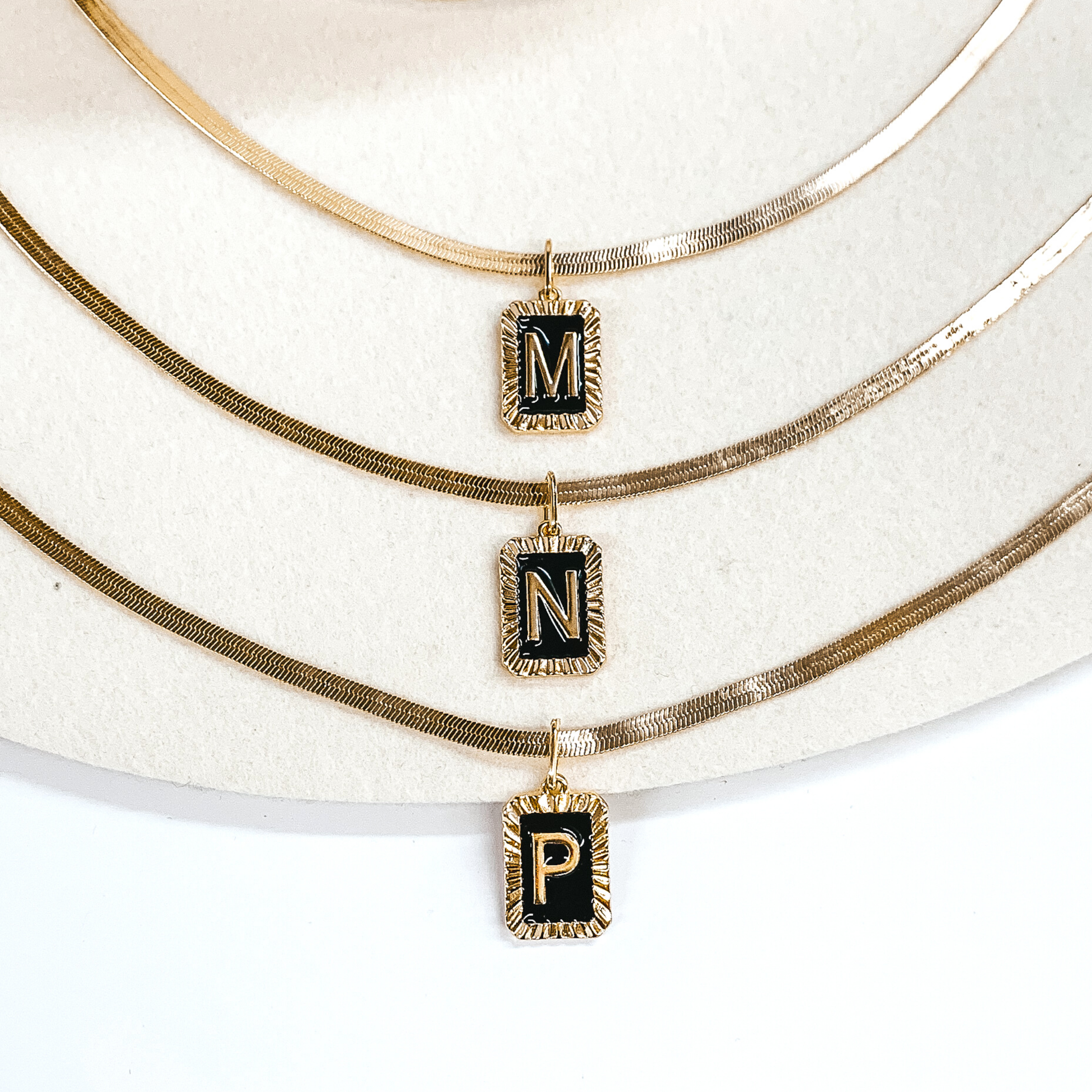 Gold Tone Herringbone Chain Necklace with Rectangle Initial Pendant in Black - Giddy Up Glamour Boutique