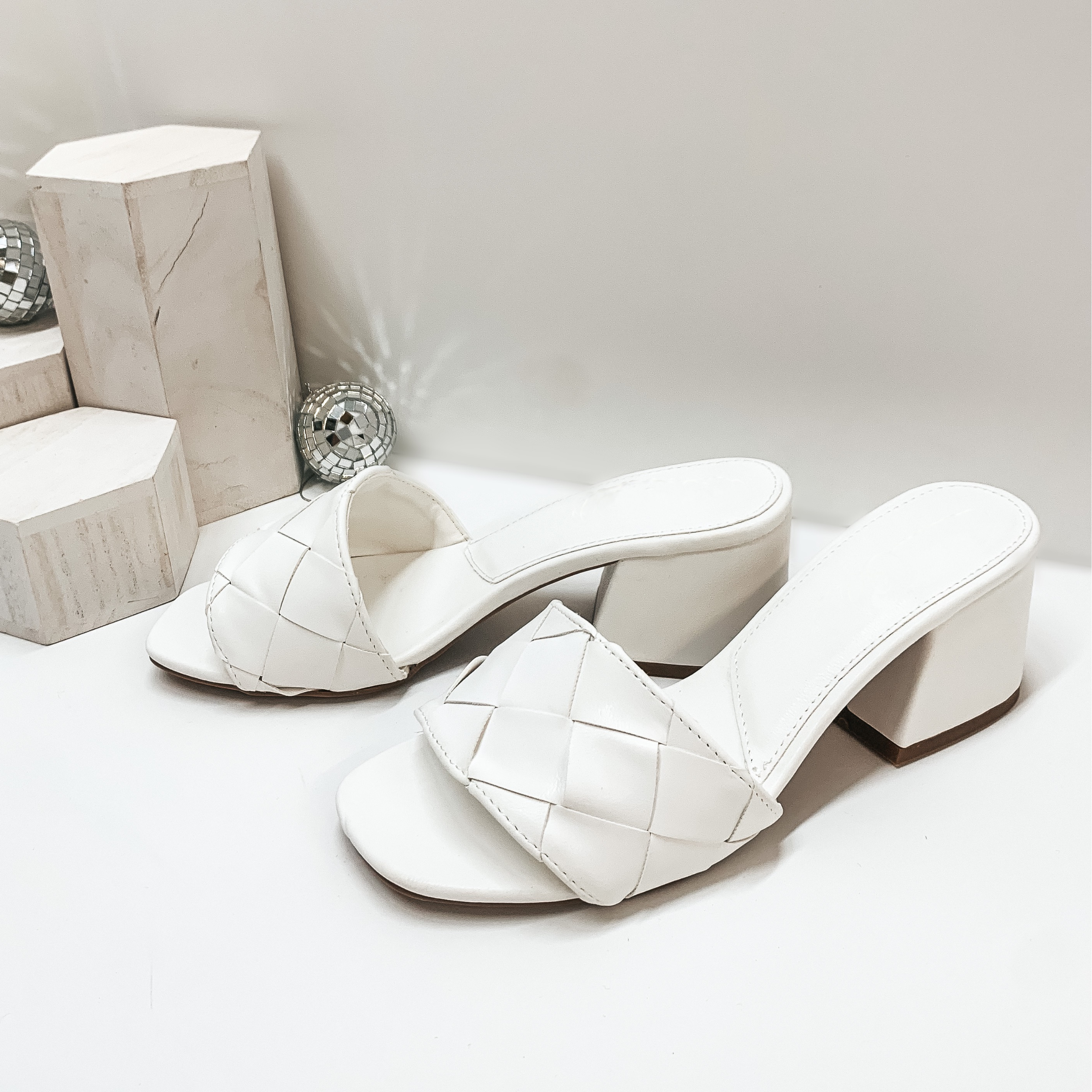 Paving the Way Mini Block Heels with Basket Weave Strap in White - Giddy Up Glamour Boutique