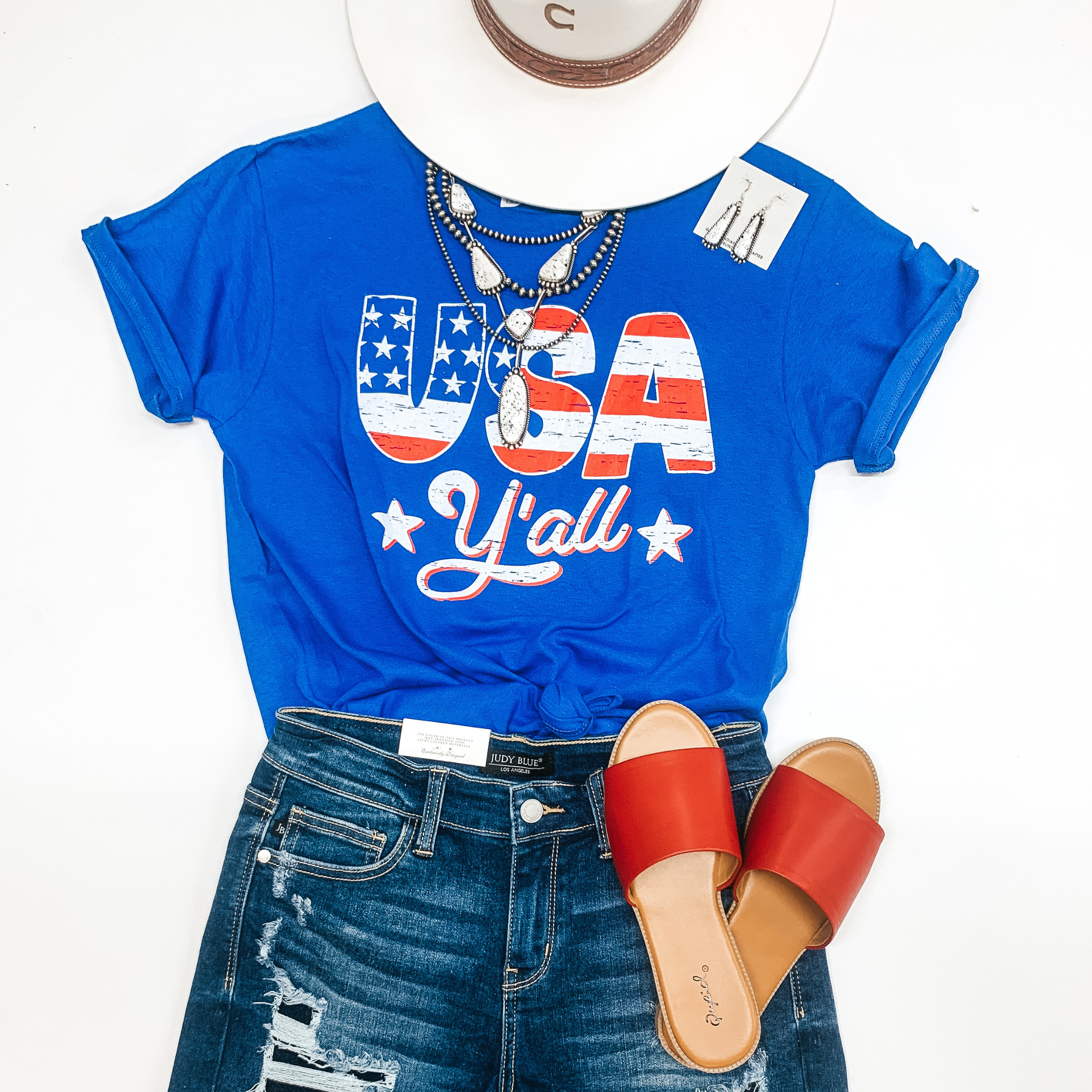 USA Y'all Short Sleeve Graphic Tee in Royal Blue - Giddy Up Glamour Boutique