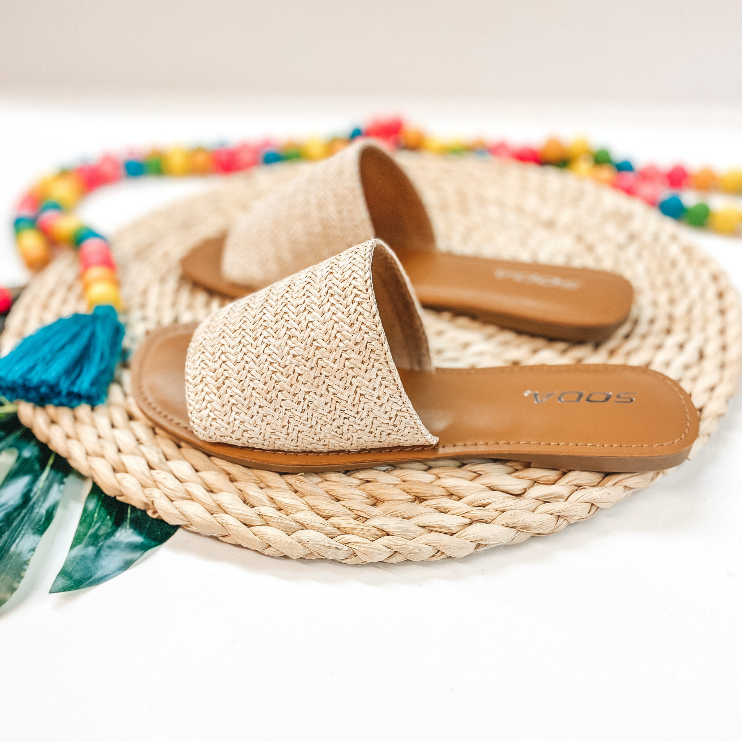 Palm Beach Stroll One Strap Woven Square Toe Slip On Sandals in Ivory - Giddy Up Glamour Boutique