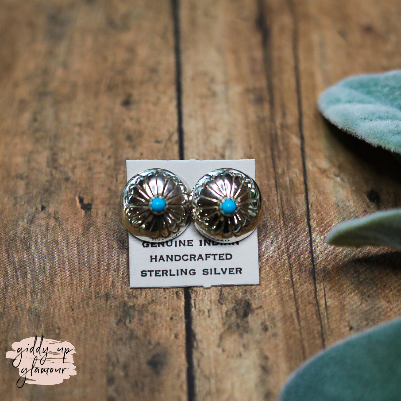 Navajo |  Navajo Handmade Small Sterling Silver Concho Earrings with Turquoise Cabochon Studs - Giddy Up Glamour Boutique