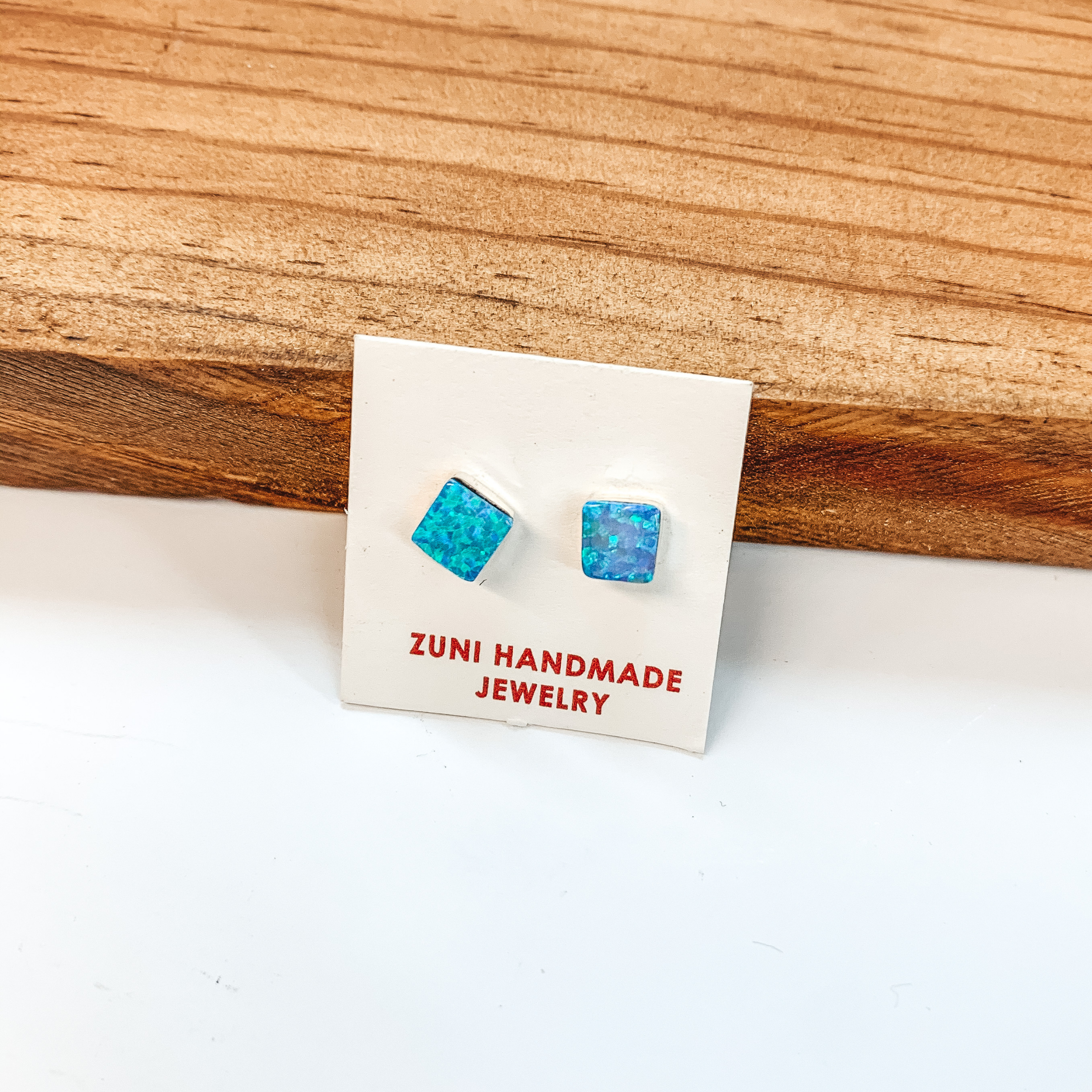 Angie Rosetta | Zuni Handmade Sterling Silver and Blue Opal Square Stud Earrings - Giddy Up Glamour Boutique