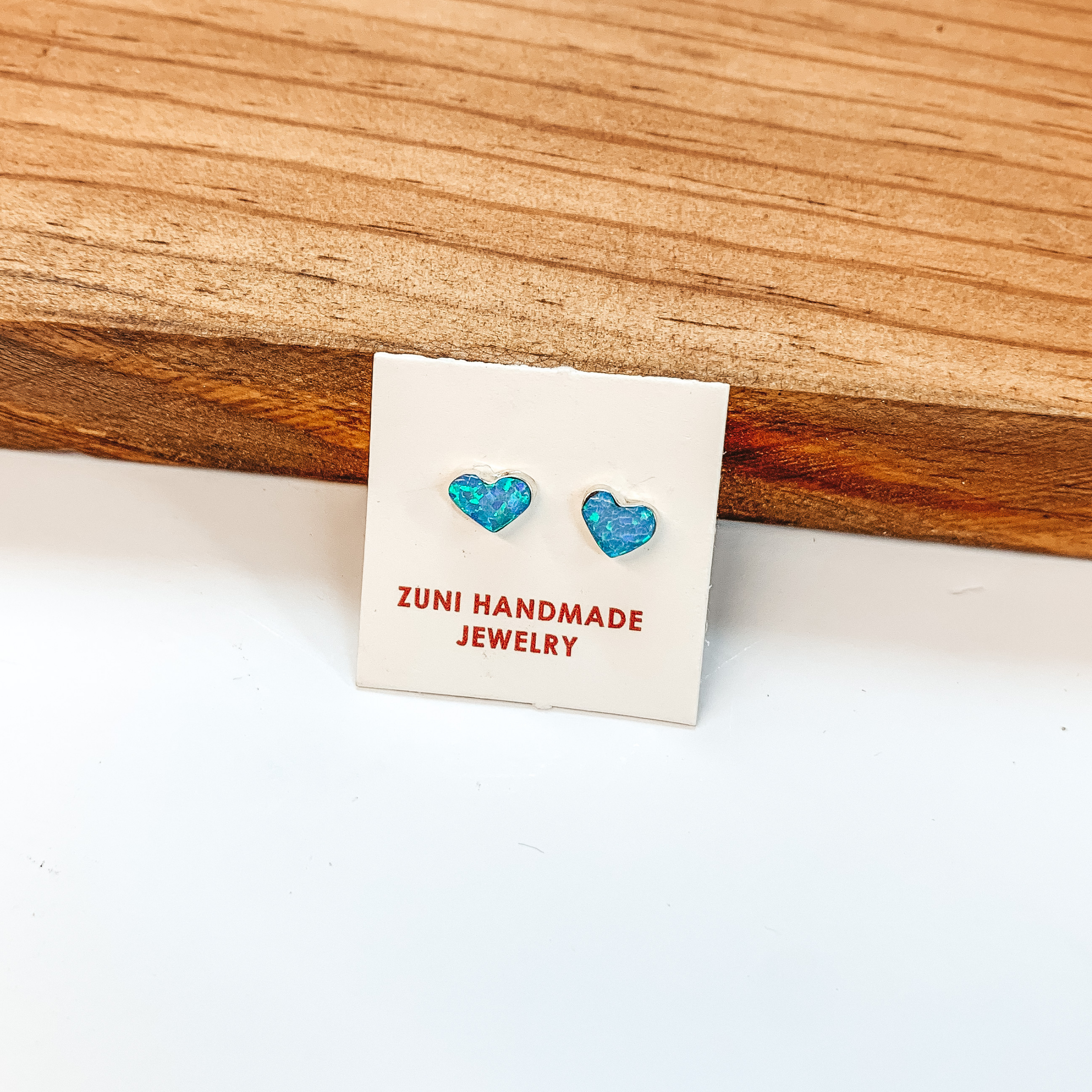 Angie Rosetta | Zuni Handmade Sterling Silver Heart Stud Earrings in Blue Opal - Giddy Up Glamour Boutique