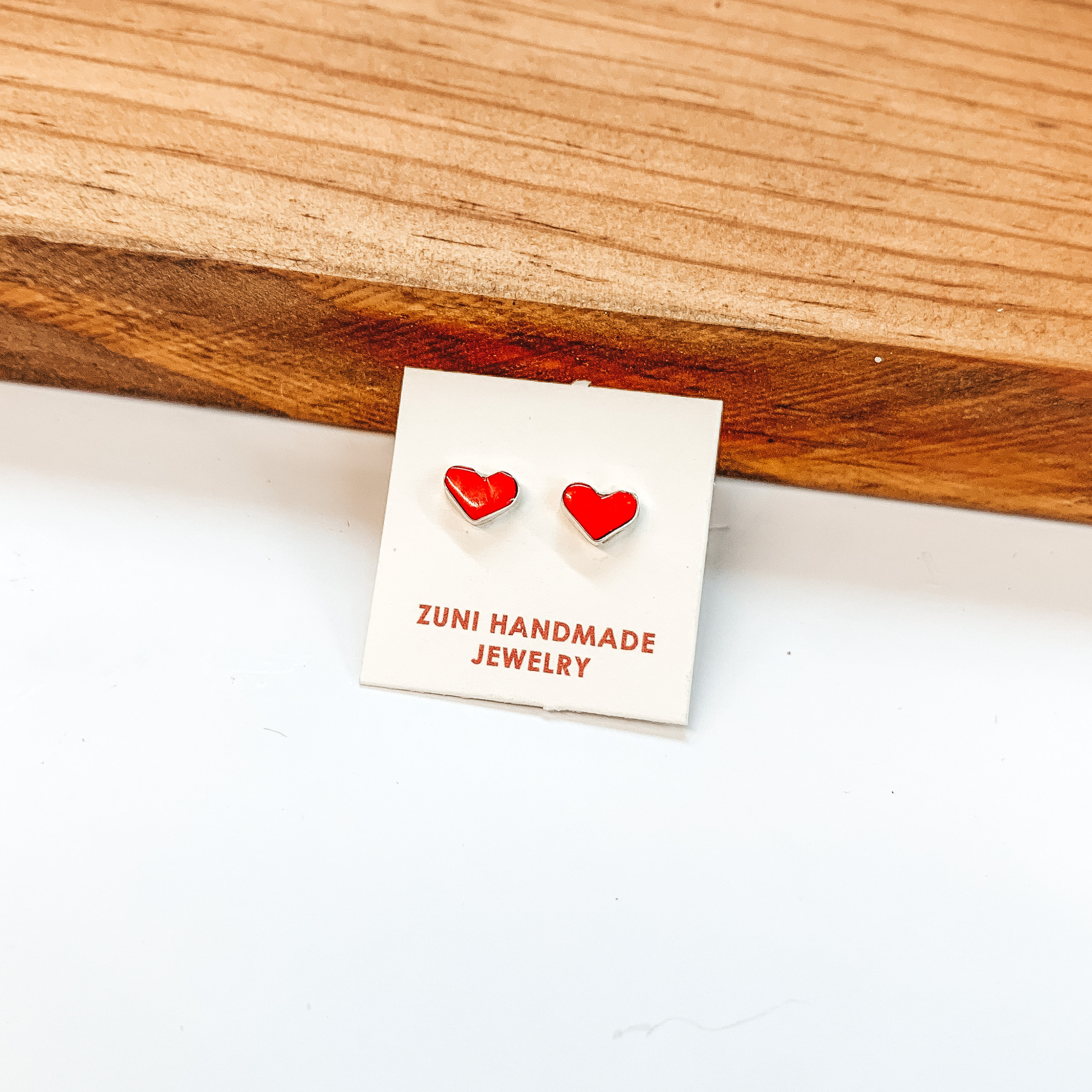 Sarah Bowannie | Zuni Handmade Sterling Silver Heart Stud Earrings in Red Coral - Giddy Up Glamour Boutique