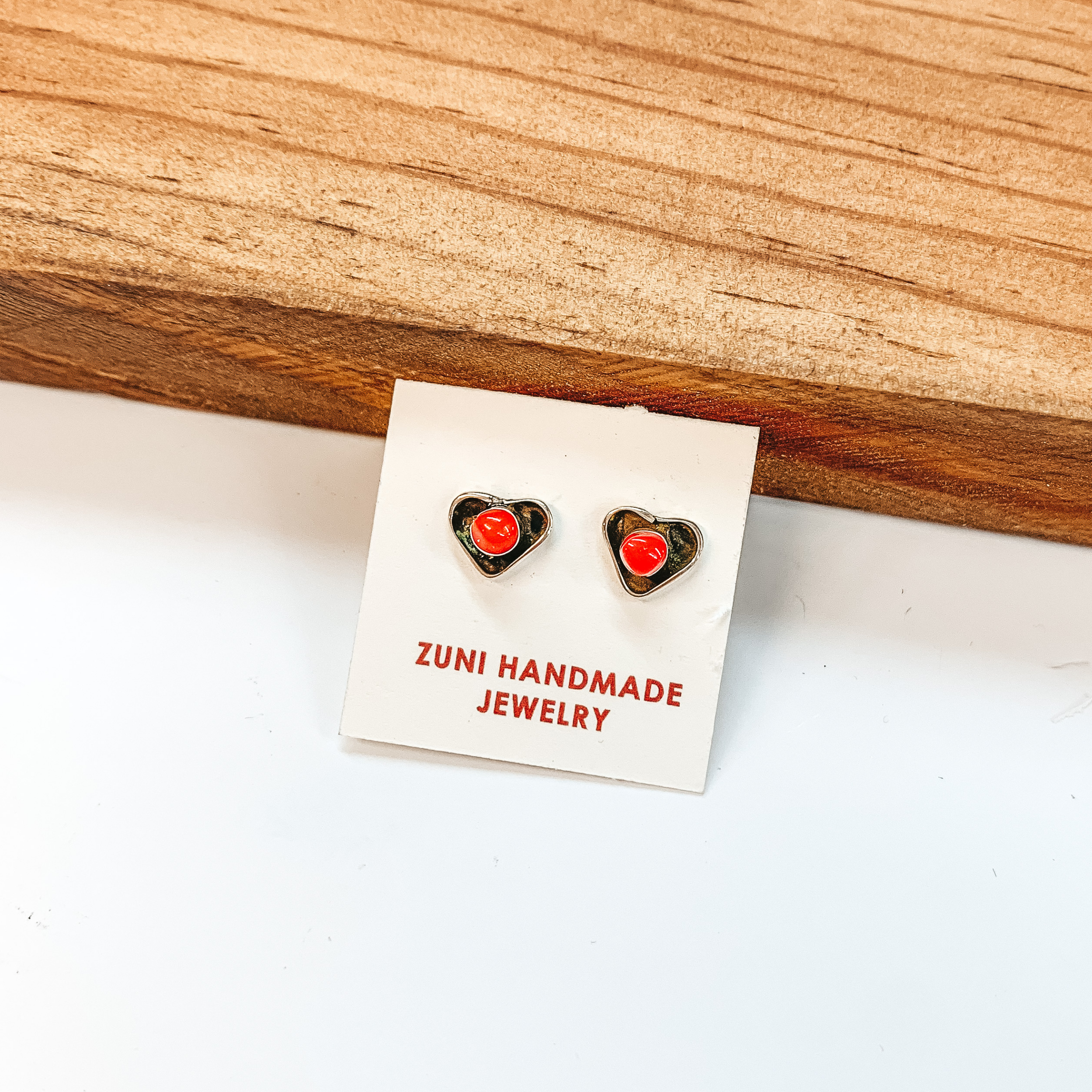 Angie Rosetta | Zuni Handmade Sterling Silver Heart Stud Earrings with Red Coral - Giddy Up Glamour Boutique