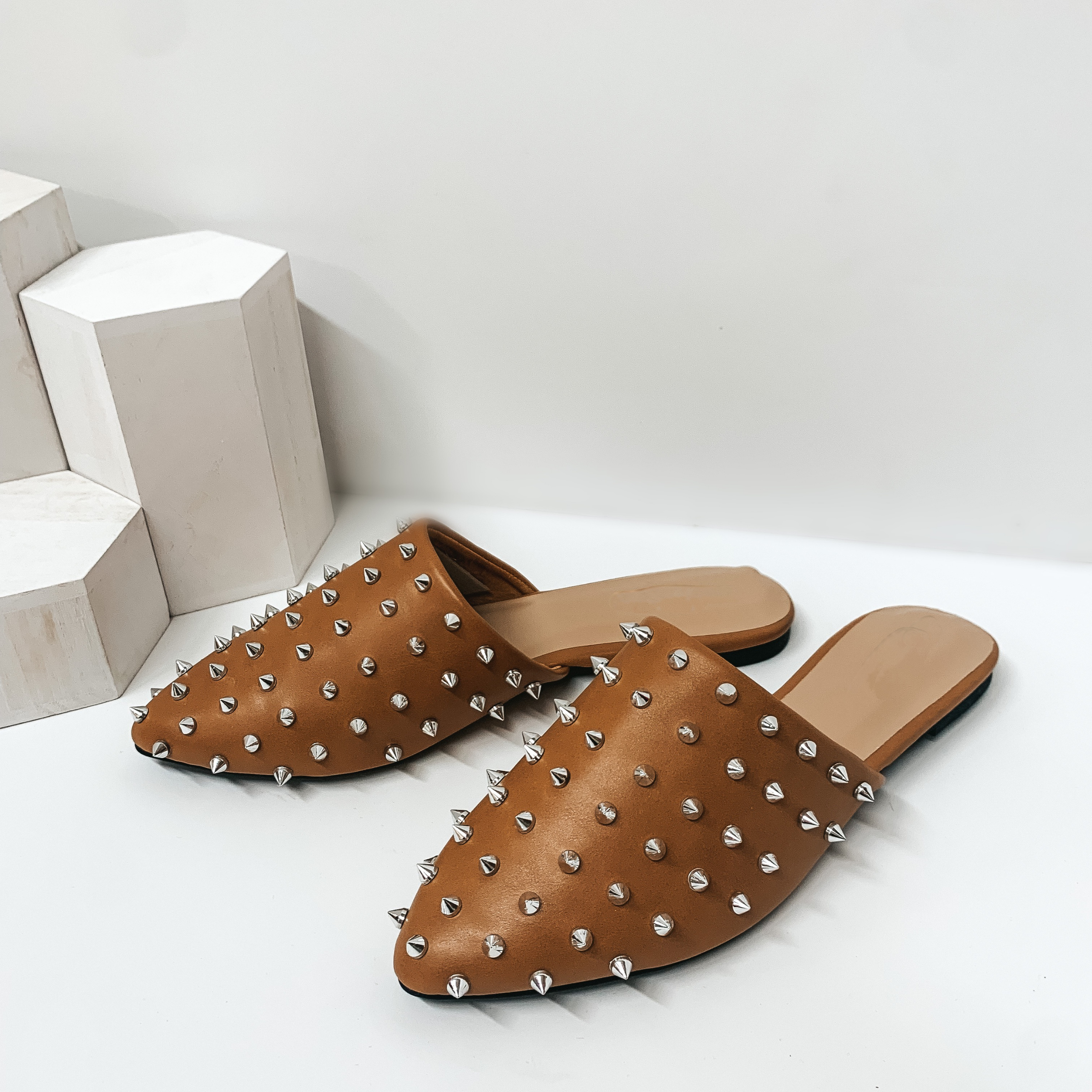 Uptown Girl Silver Spiked Slide On Mules in Tan - Giddy Up Glamour Boutique