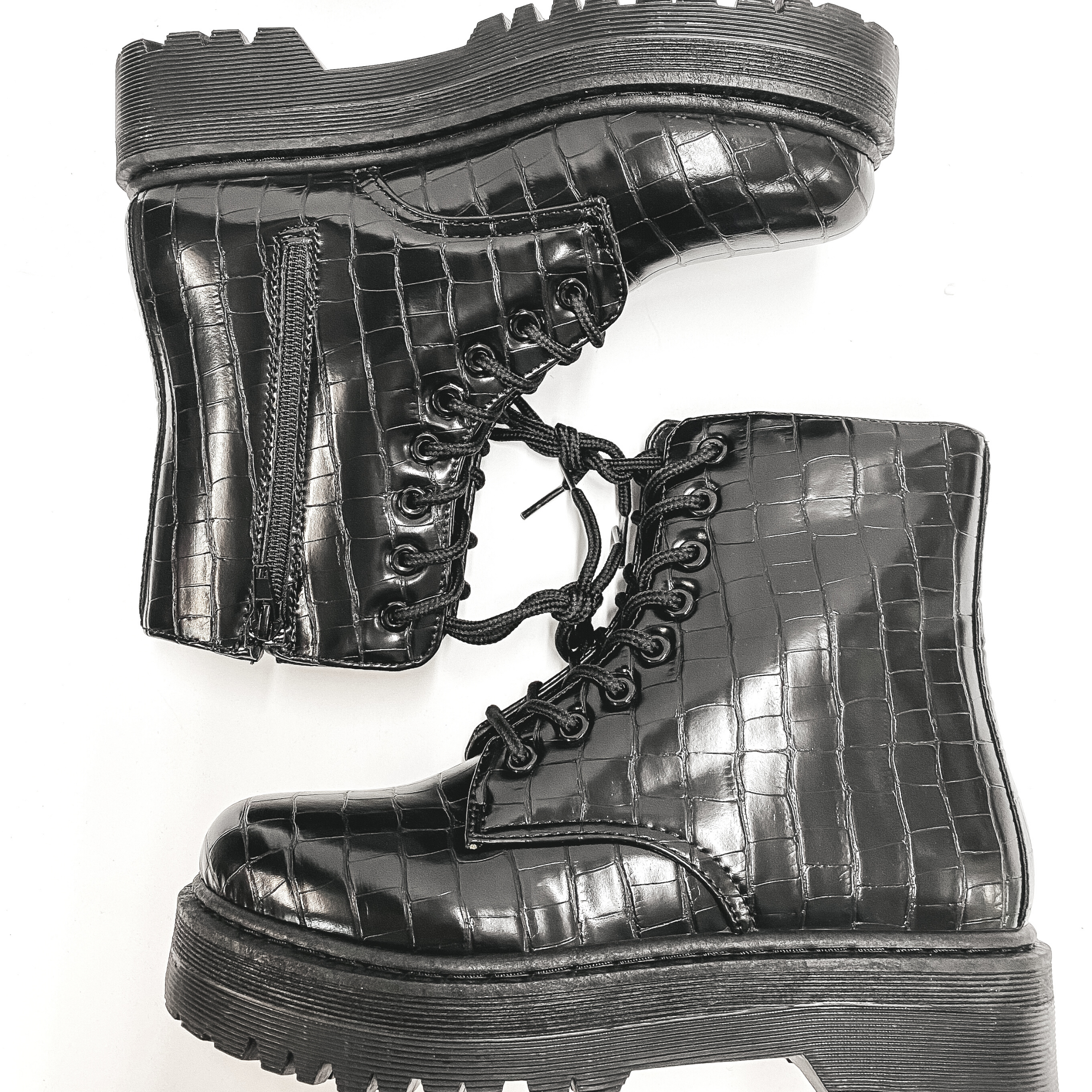 Born to be Wild Combat Boots in Black Croc - Giddy Up Glamour Boutique