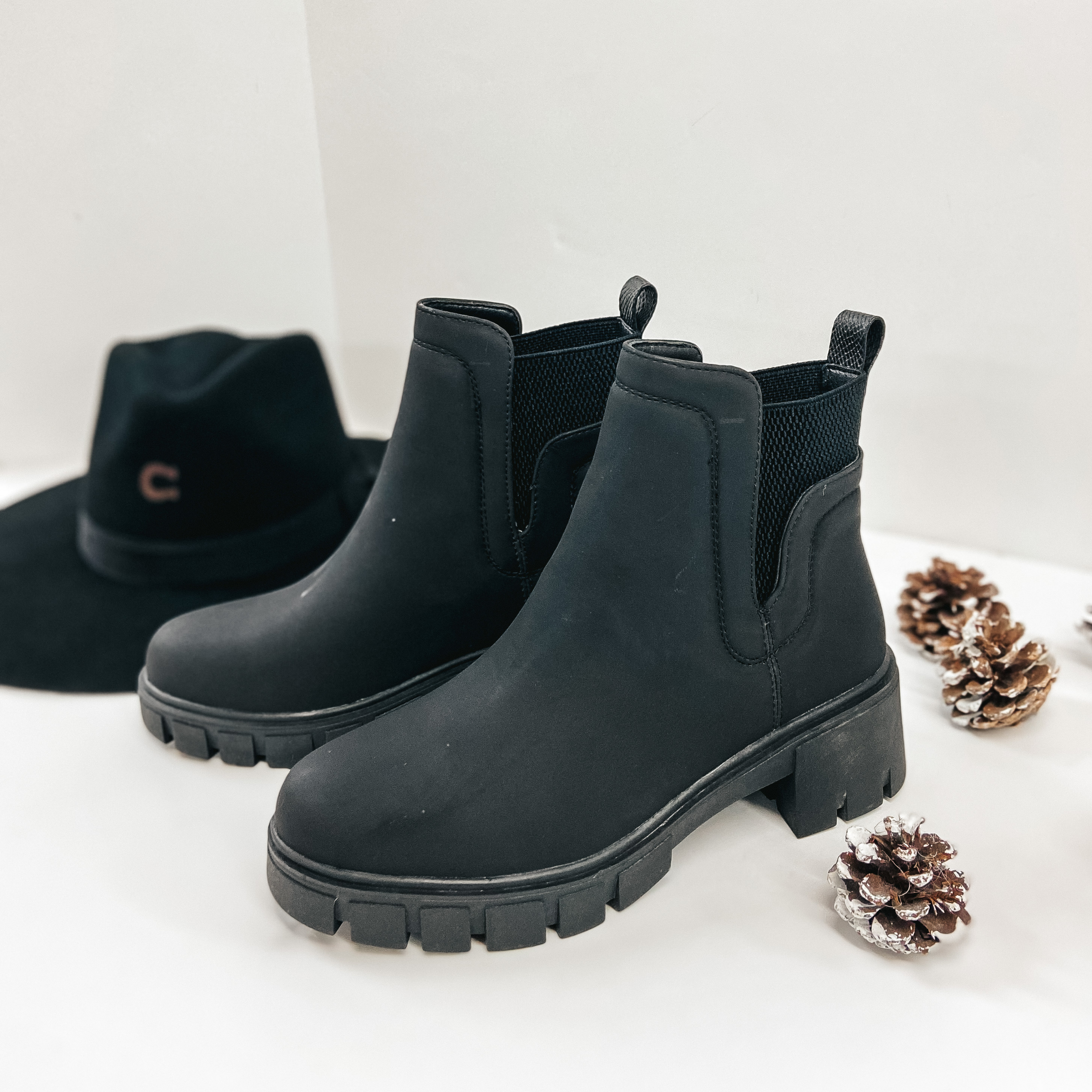 Season Premiere Slip On Chunky Heel Booties in Black - Giddy Up Glamour Boutique