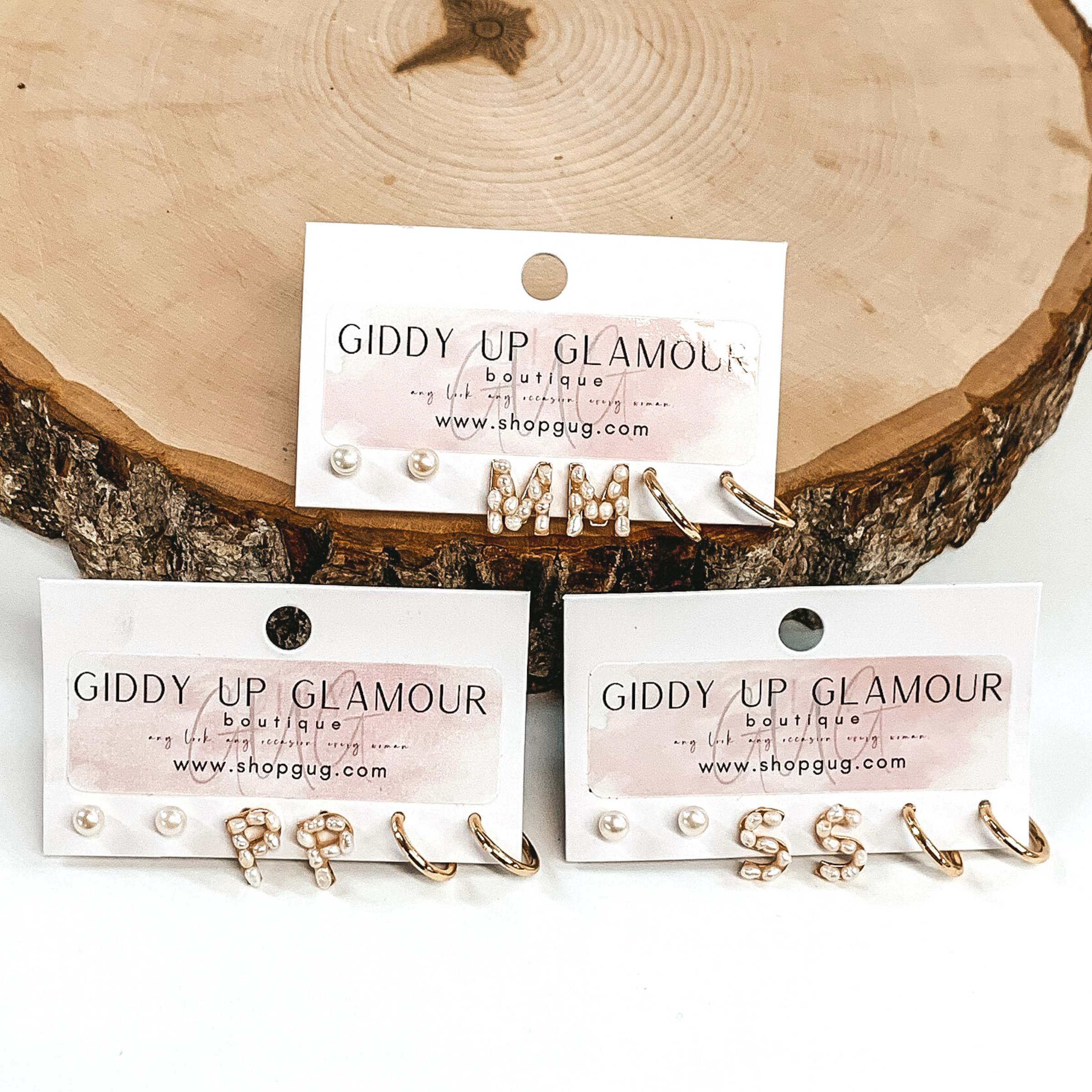 Gold Tone Pearl Initial Earring Set - Giddy Up Glamour Boutique