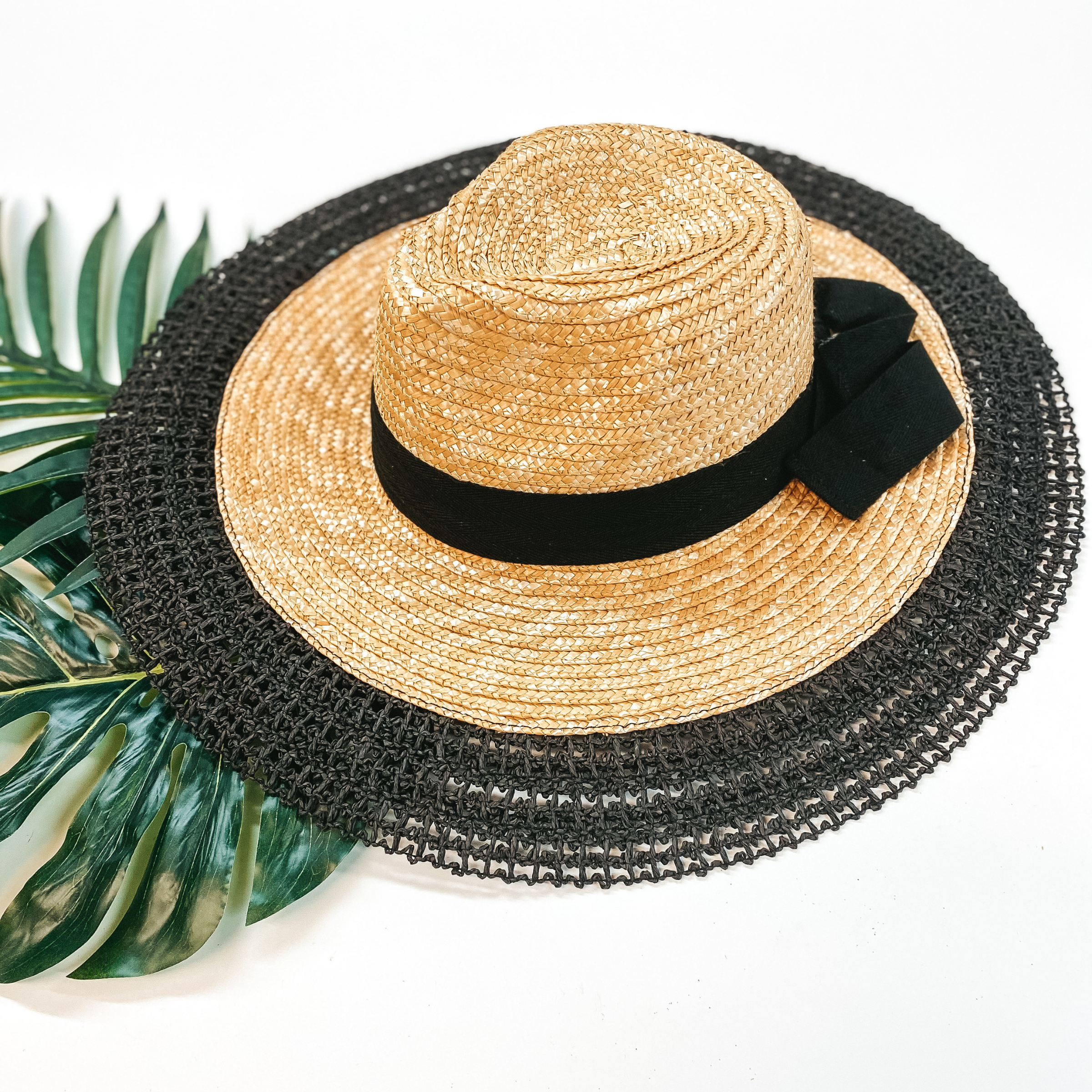 Sun Daze Wide Brim Hat with Black Band and Bow in Natural Tan and Black - Giddy Up Glamour Boutique