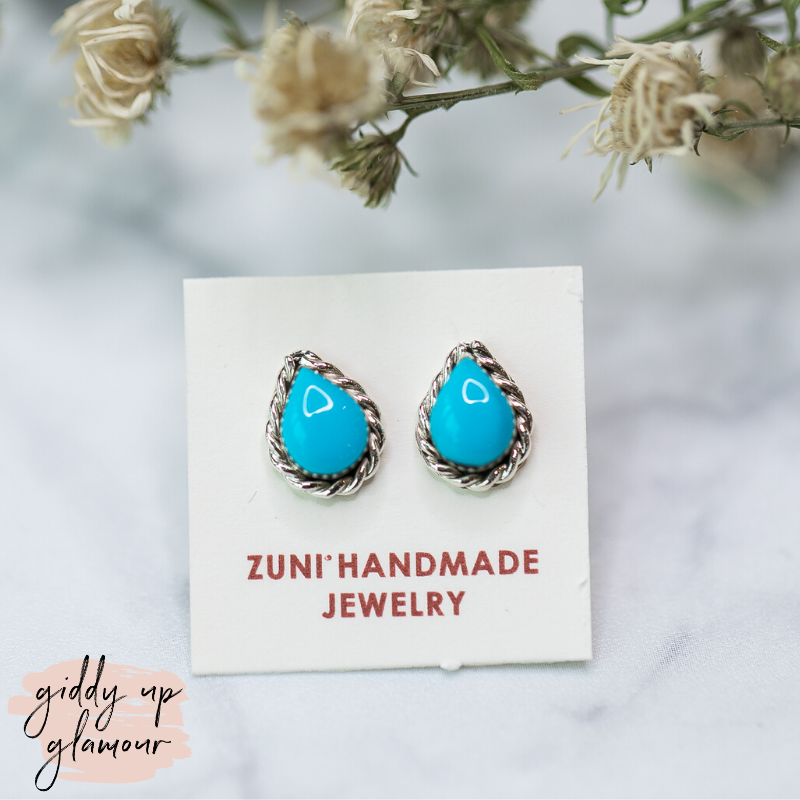 Zuni | Zuni Handmade Teardrop Stud Earrings in Turquoise - Giddy Up Glamour Boutique