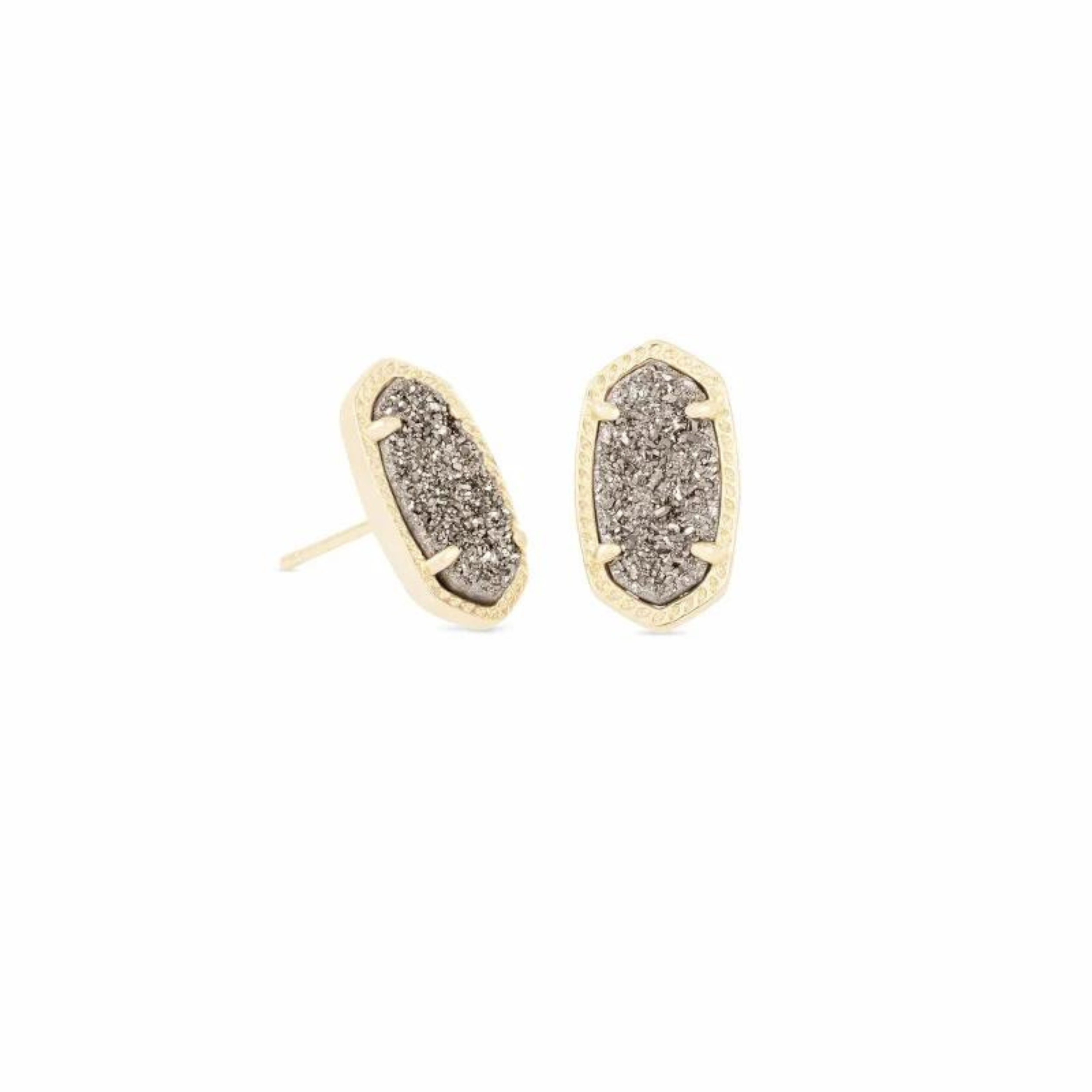 Gold stud earrings with platinum drusy stone, pictured on a white background.