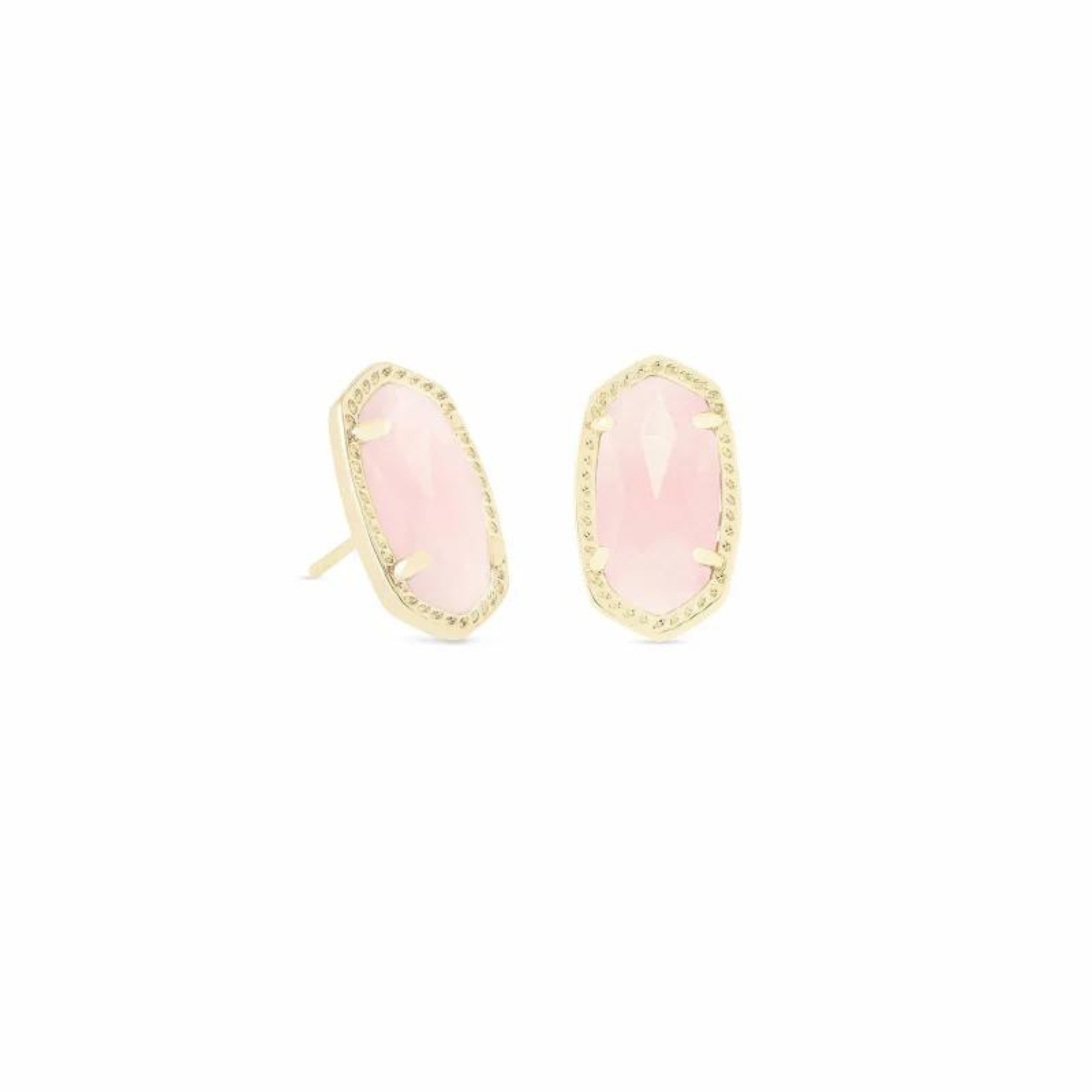 Gold stud earrings with rose quartz stone, pictured on a white background.