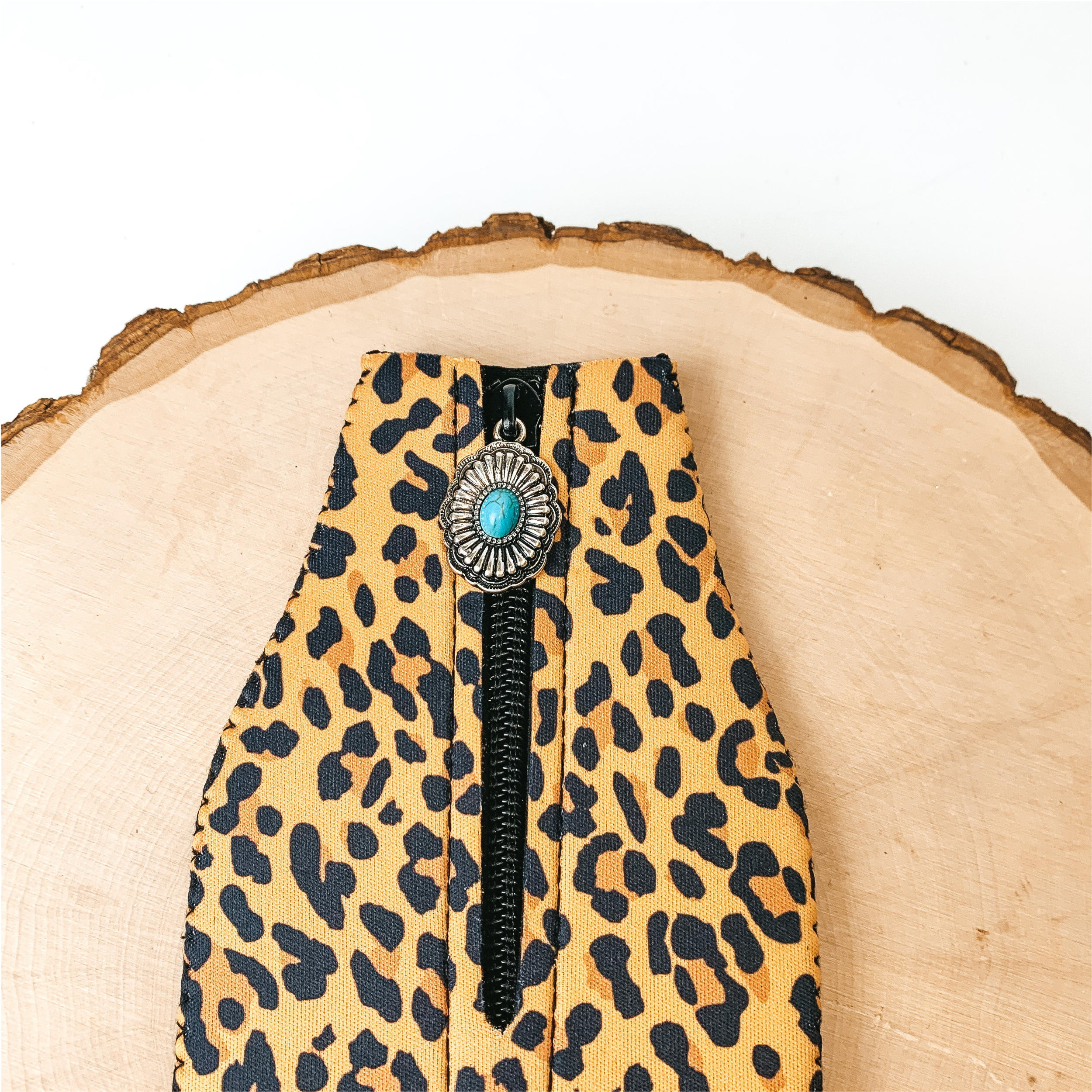 Leopard Print Zip Up Koozie with Concho Charm - Giddy Up Glamour Boutique