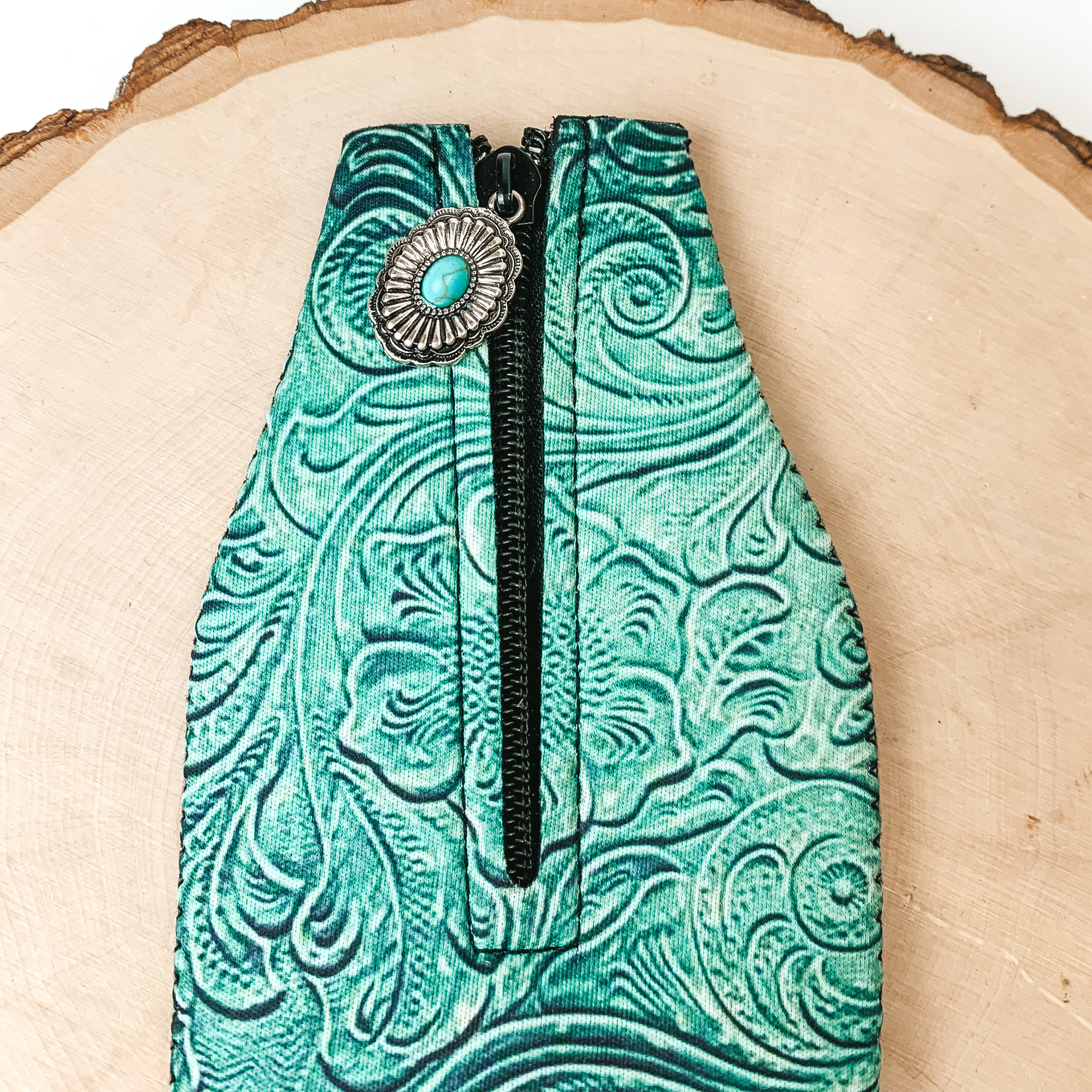 Turquoise Leather Tooled Print Zip Up Koozie with Concho Charm - Giddy Up Glamour Boutique