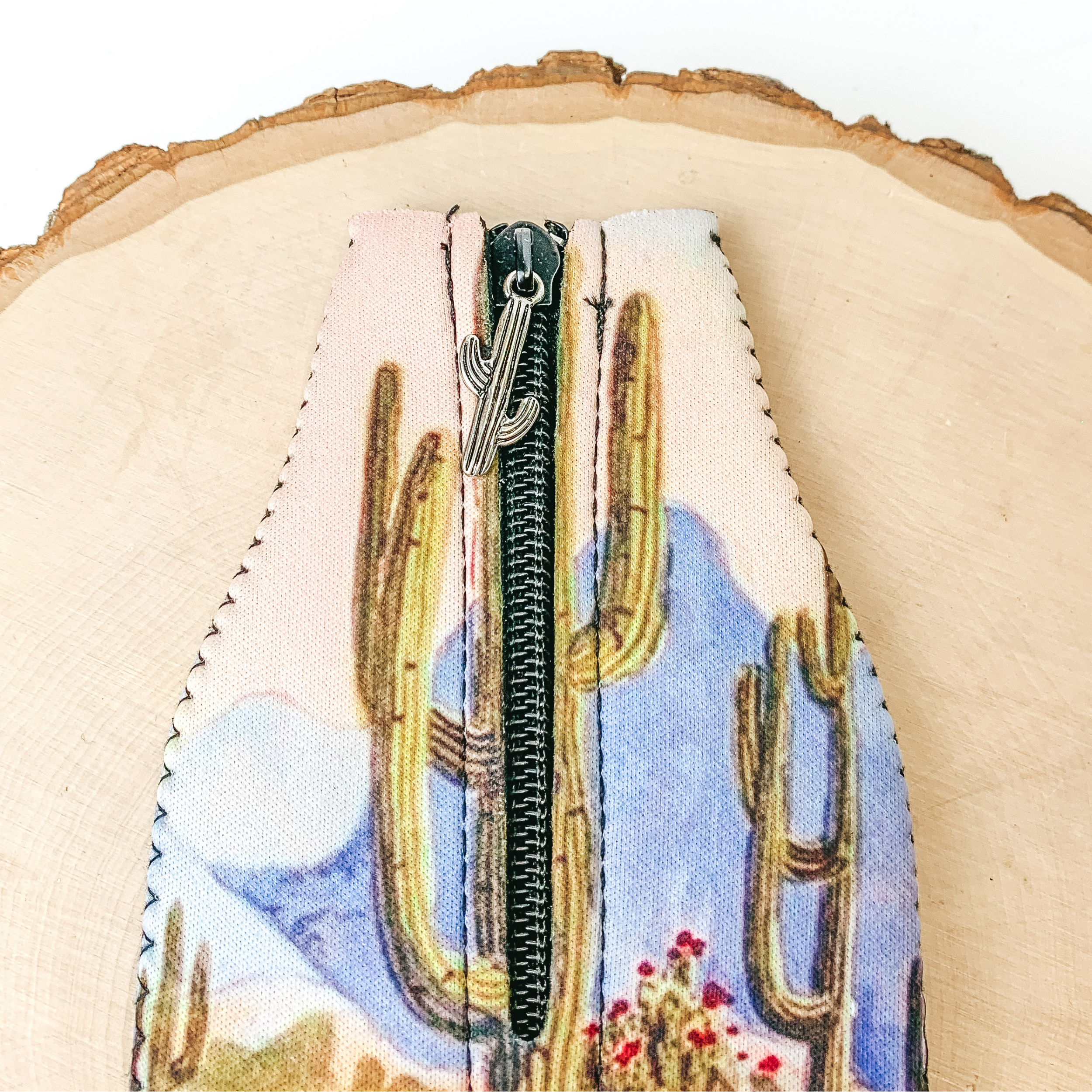 Cactus Landscape Zip Up Koozie with Cactus Charm - Giddy Up Glamour Boutique
