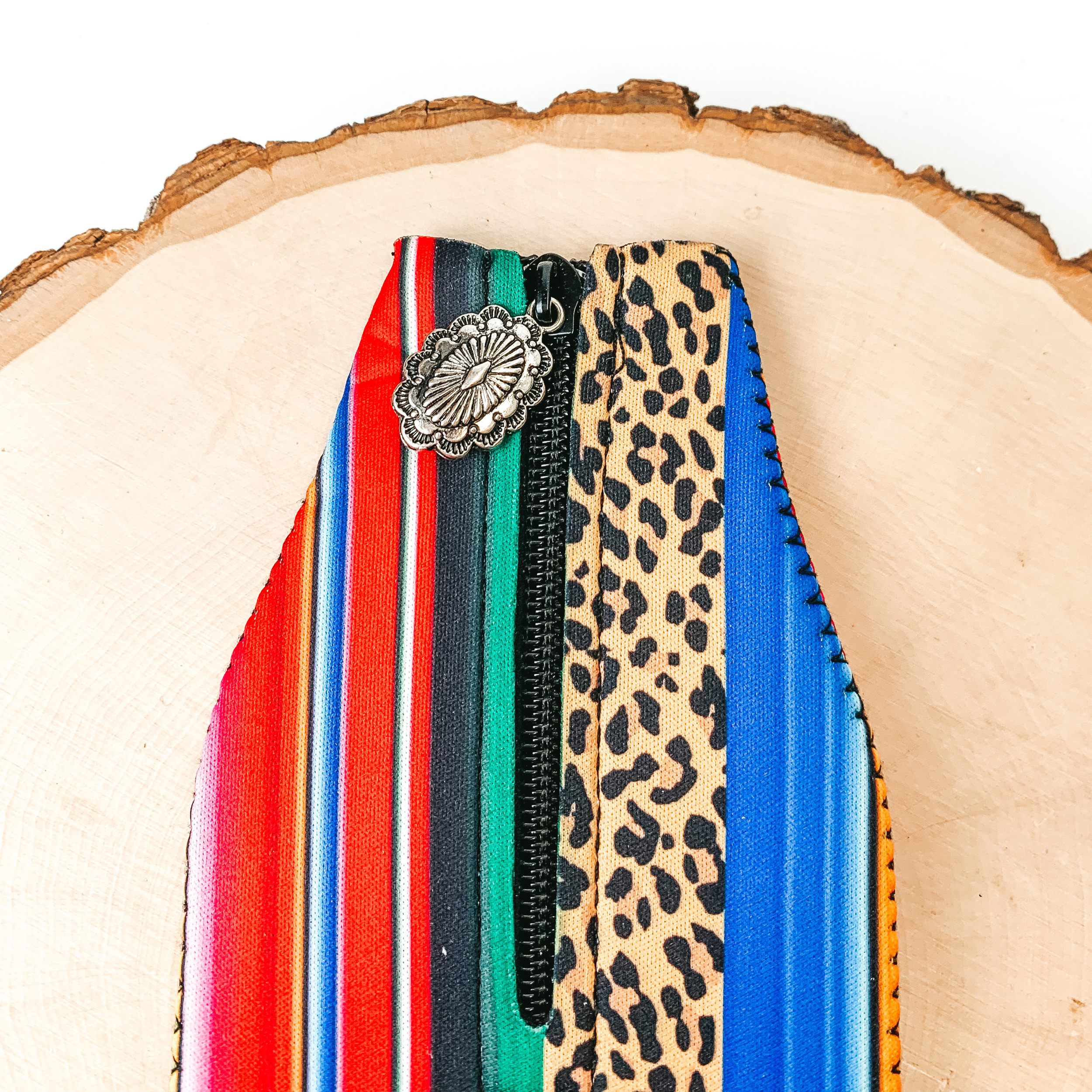 Serape and Leopard Print Stripe Zip Up Koozie with Concho Charm - Giddy Up Glamour Boutique