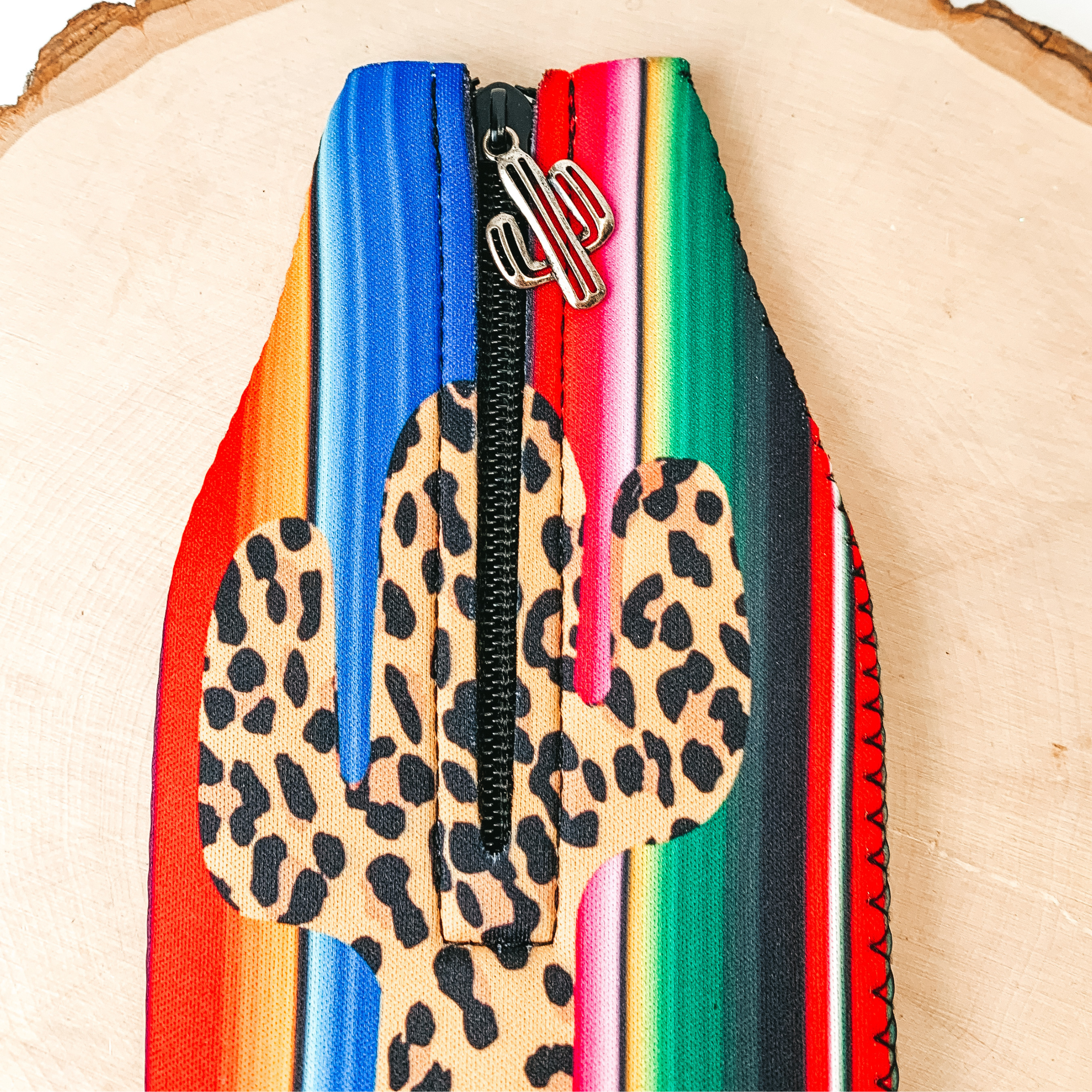 Serape and Leopard Print Cactus Zip Up Koozie with Cactus Charm - Giddy Up Glamour Boutique