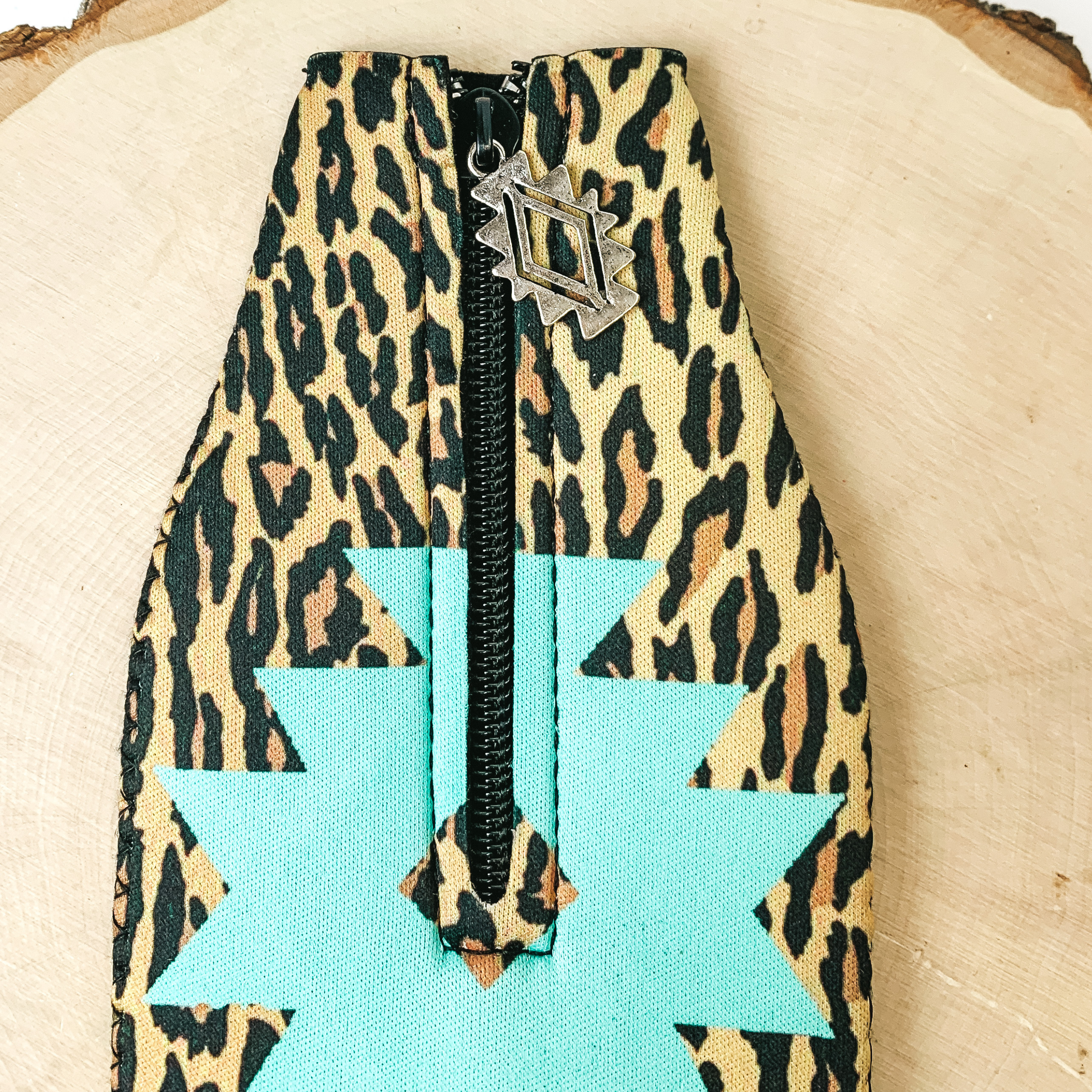 Navajo and Leopard Print Zip Up Koozie with Navajo Charm - Giddy Up Glamour Boutique