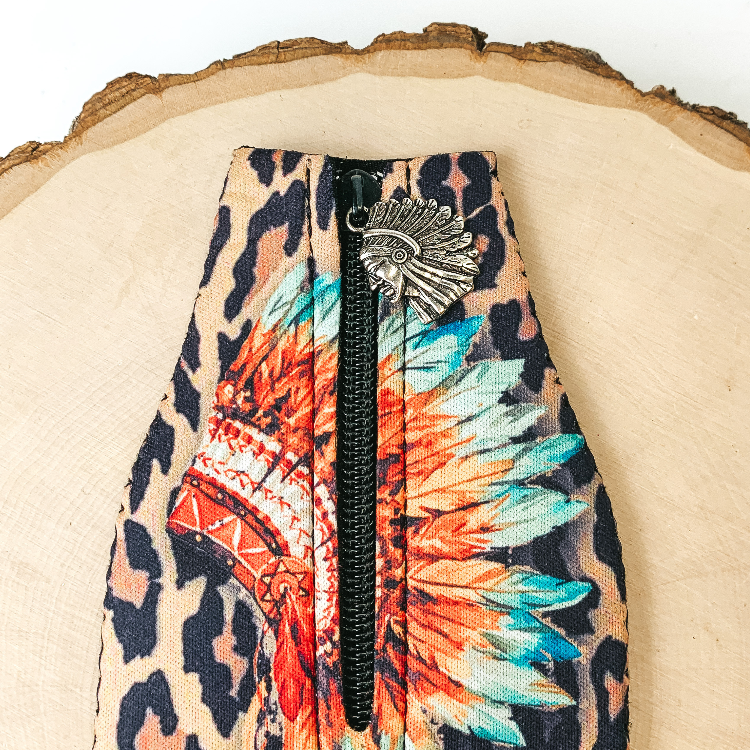 Native American and Leopard Print Zip Up Koozie with Native American Charm - Giddy Up Glamour Boutique