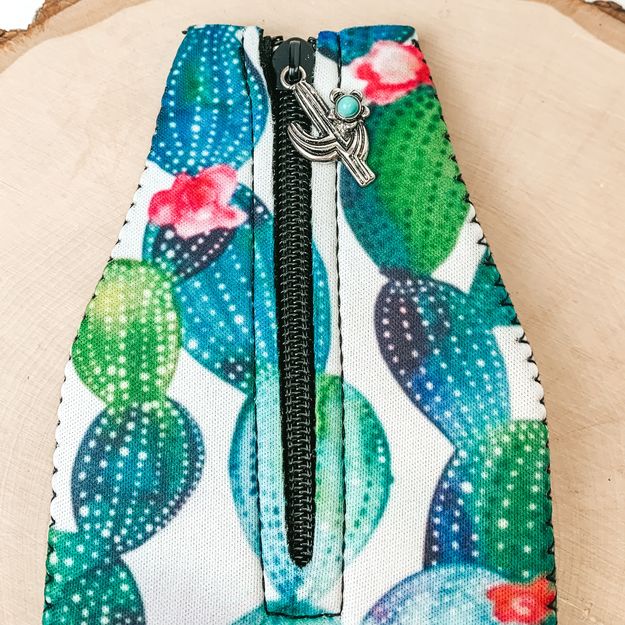 Watercolor Cactus Zip Up Koozie with Cactus Charm - Giddy Up Glamour Boutique