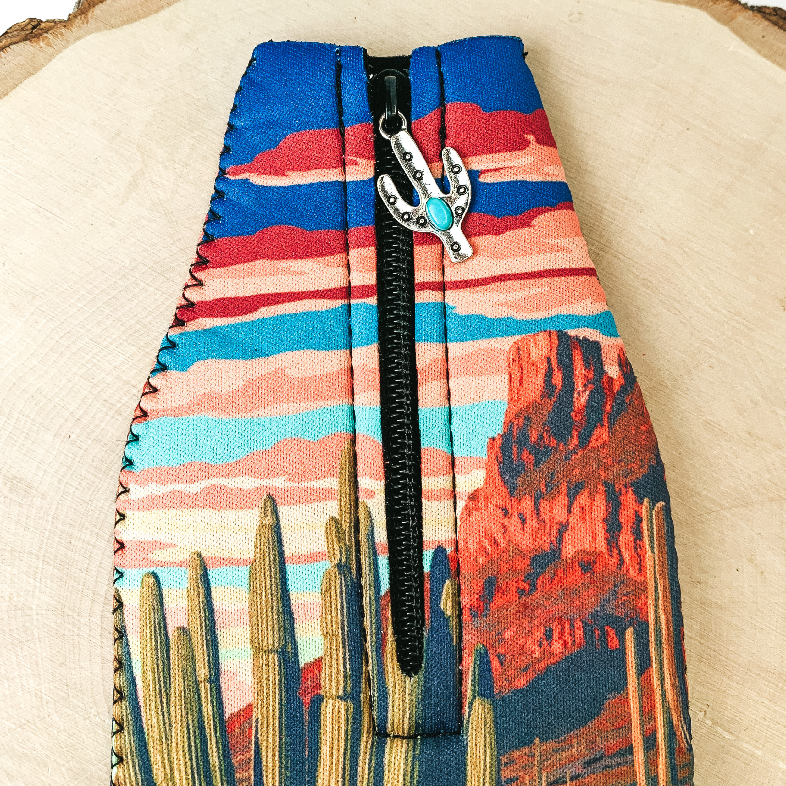 Southwest Cactus Landscape Zip Up Koozie with Cactus Charm - Giddy Up Glamour Boutique