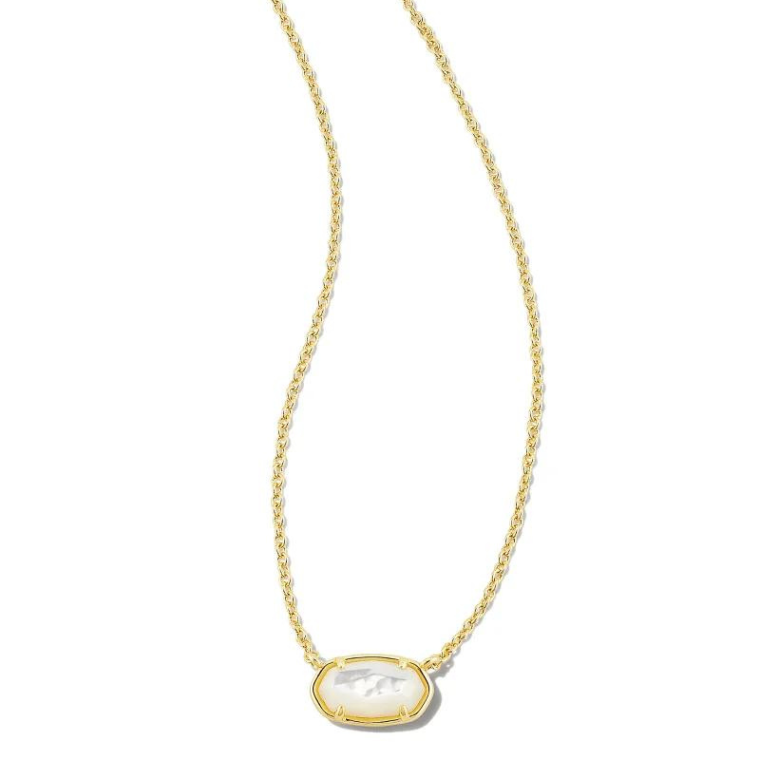Gold chain necklace with ivory mother of pearl pendant, pictured on a white background.
