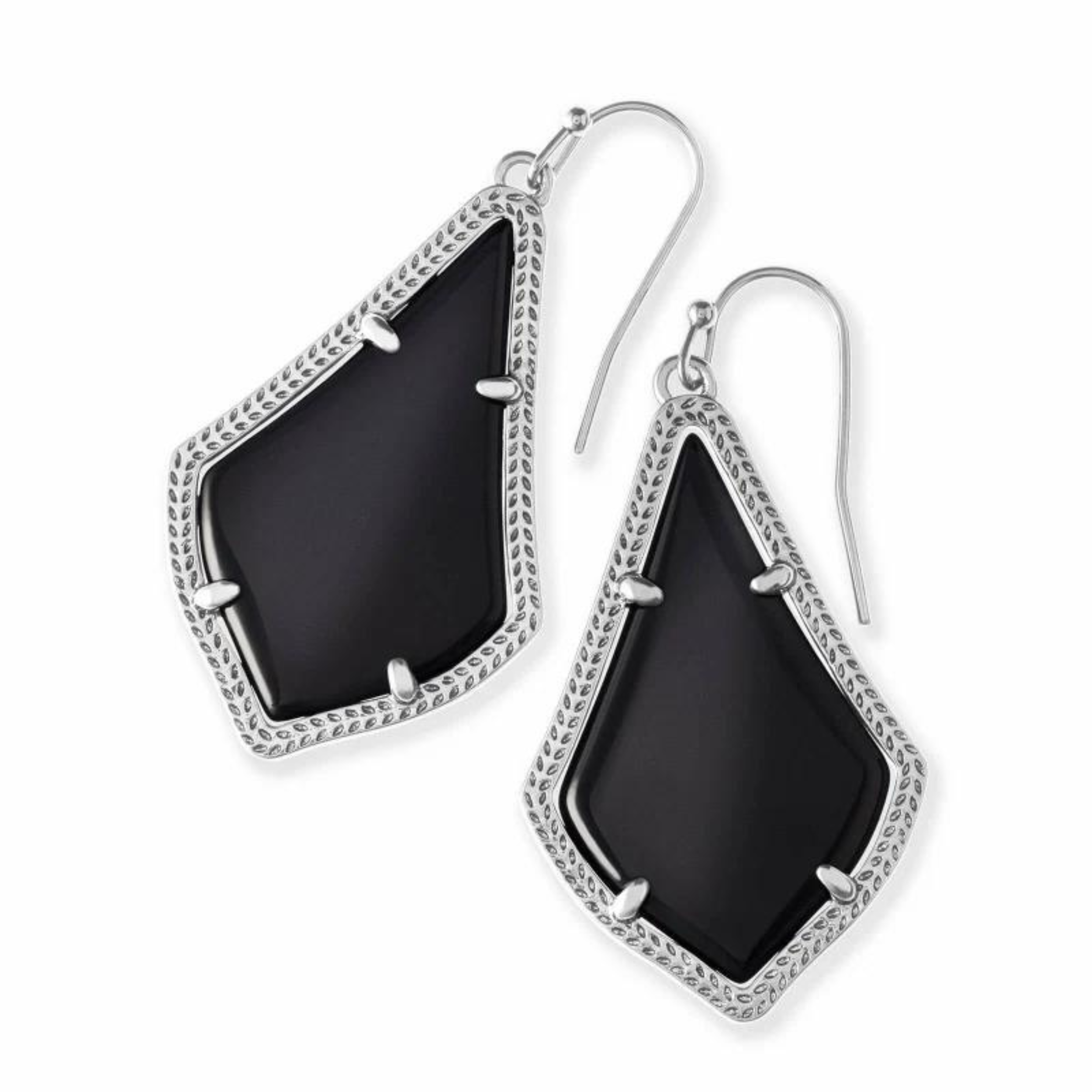 Silver dangle earrings with black opeaque stone, pictured on a white background.
