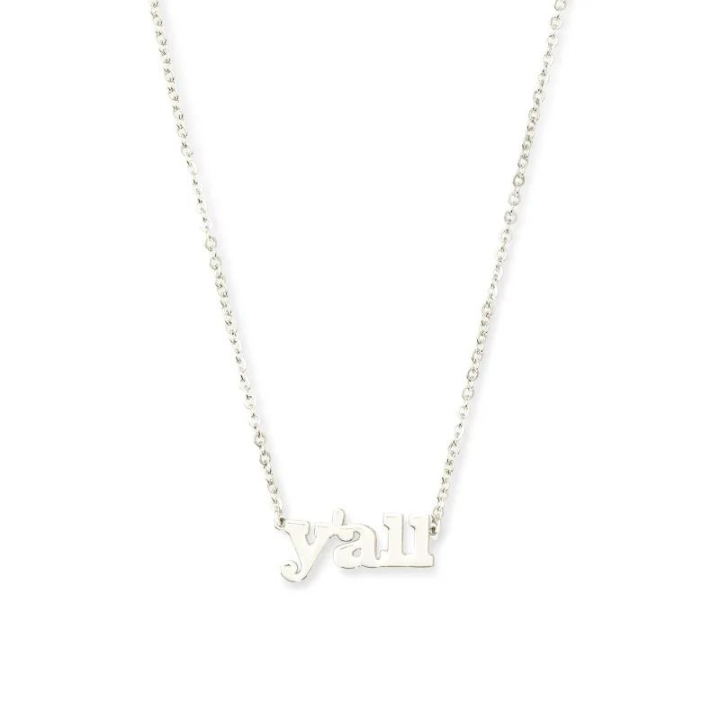 Silver necklaces that says y'all, pictured on a white background.