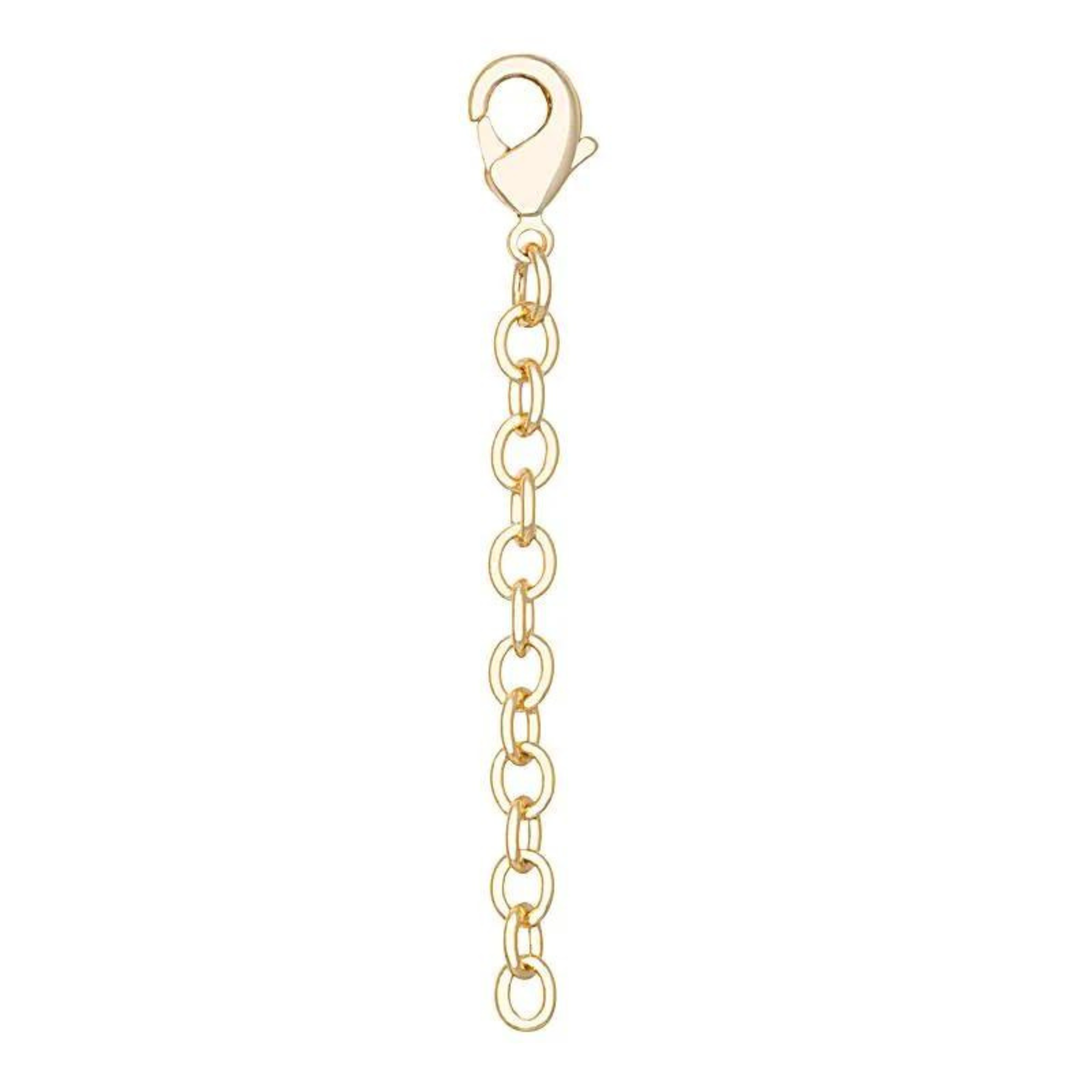 Gold two inch extender for a necklace with a lobster clasp, pictured on a white background.