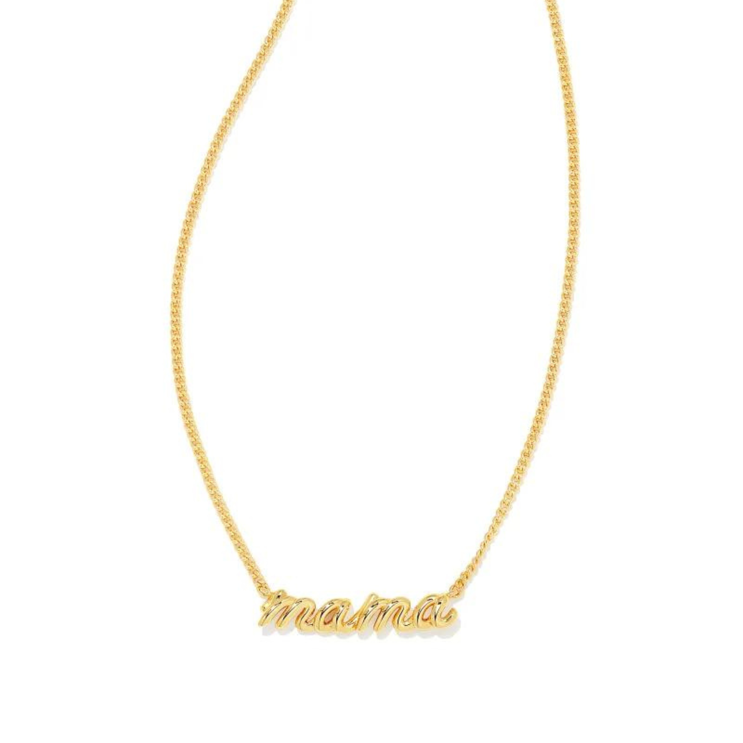 Gold necklace with the word mama in cursive, pictured on a white background.