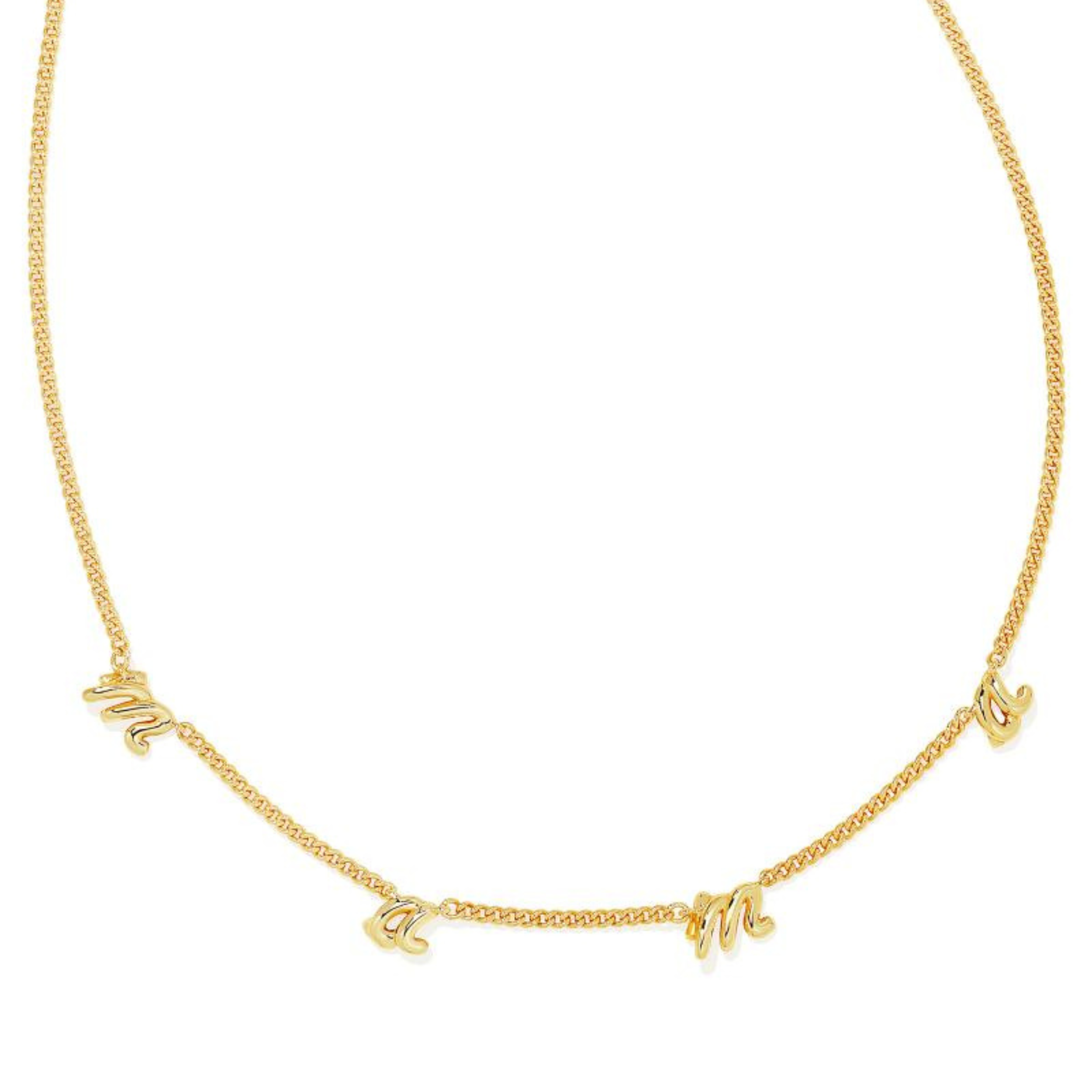 A gold necklace with the word mama spaced out along the necklace, pictured on a white background.