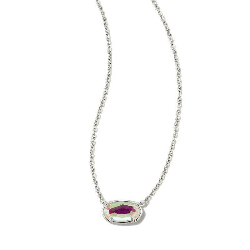 Silver necklace with dichroic class pendant, pictured on a white background.