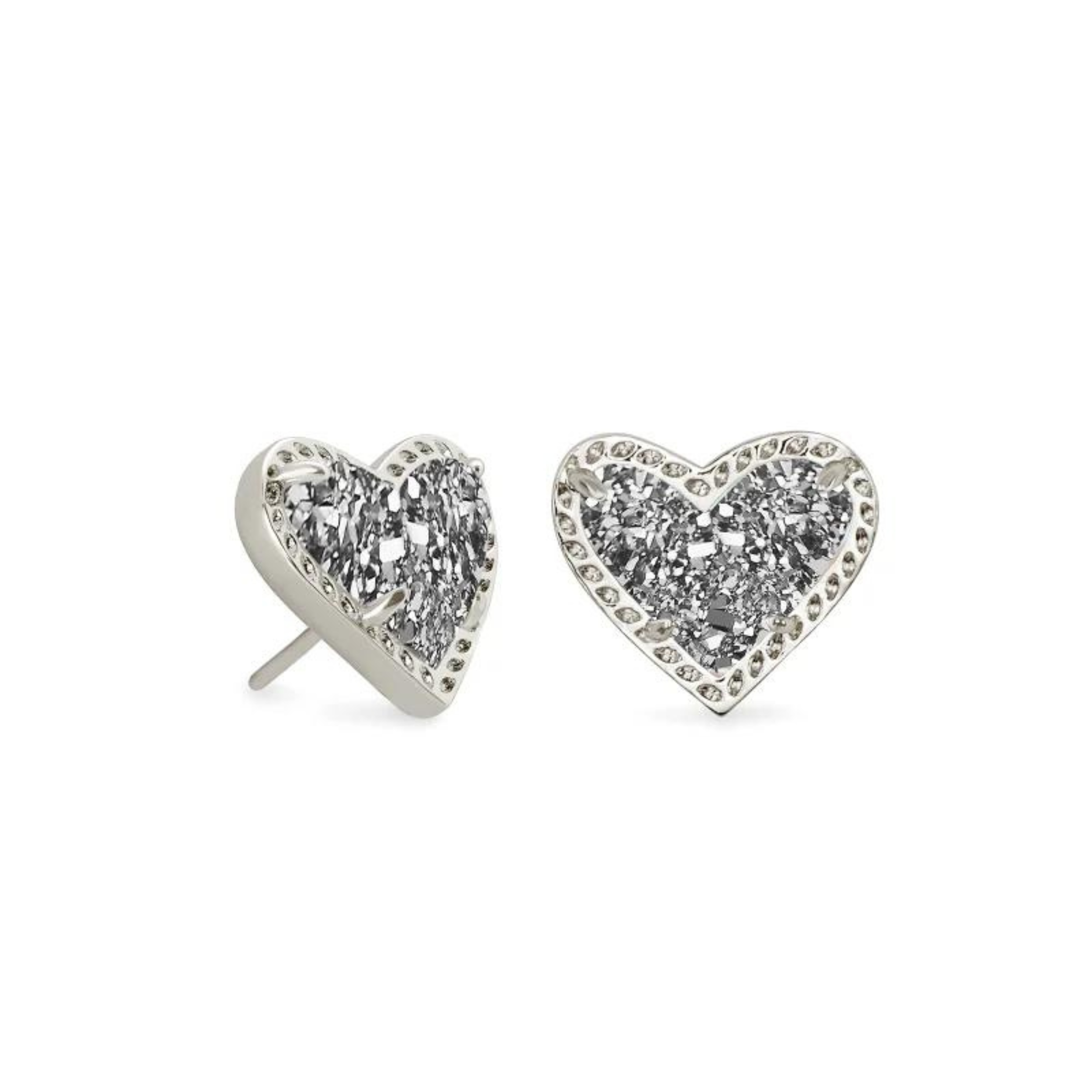 SIlver drusy heart stud earrings pictured on a white background.