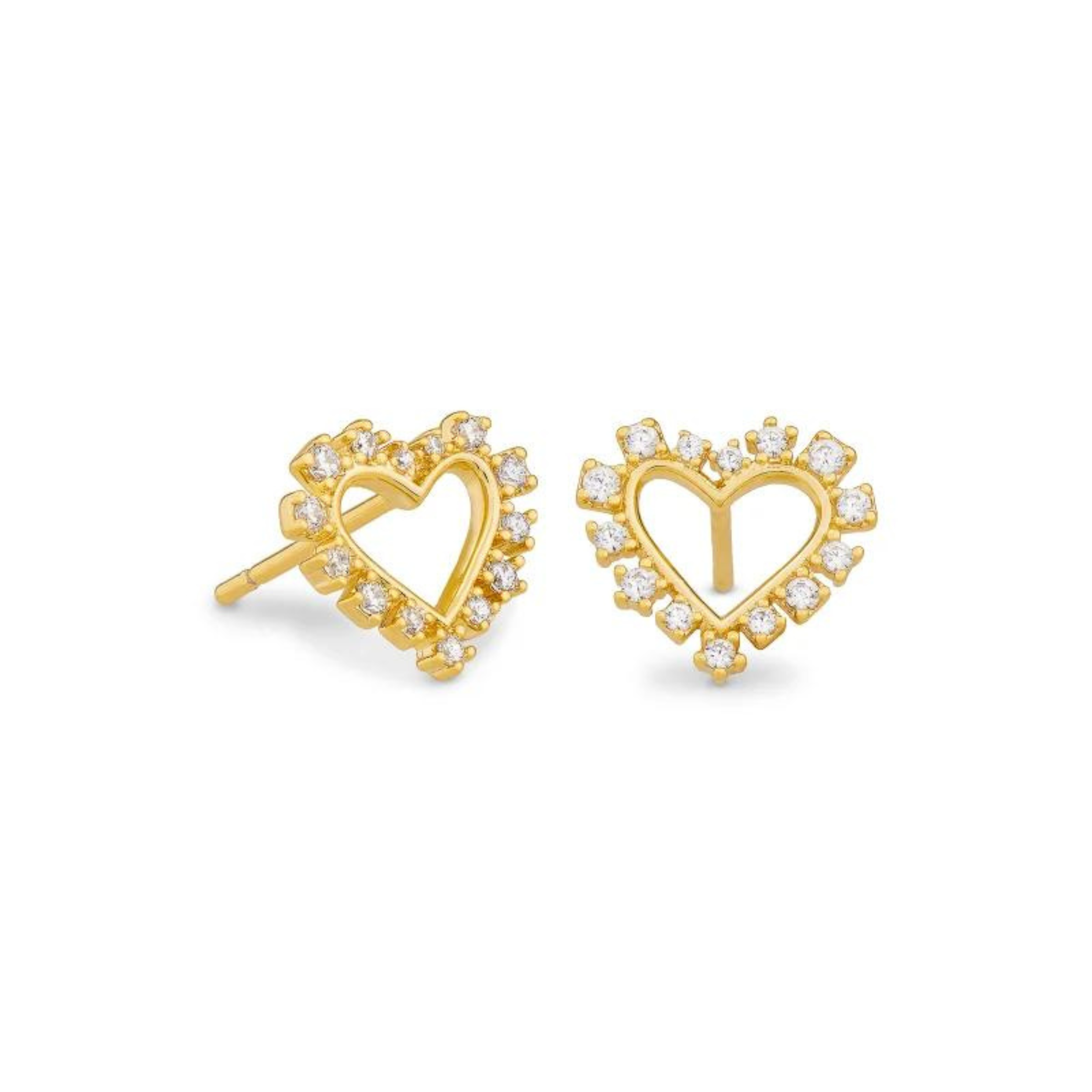 Gold heart shaped earrings with white crystals pictured on a white background.