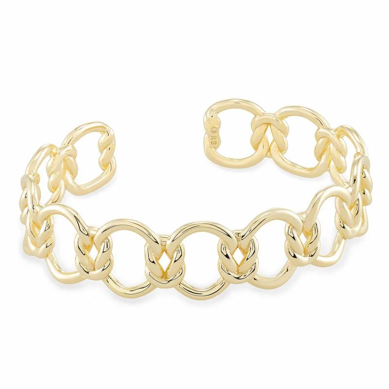 Gold cuff chain link bracelet, pictured on a white background.