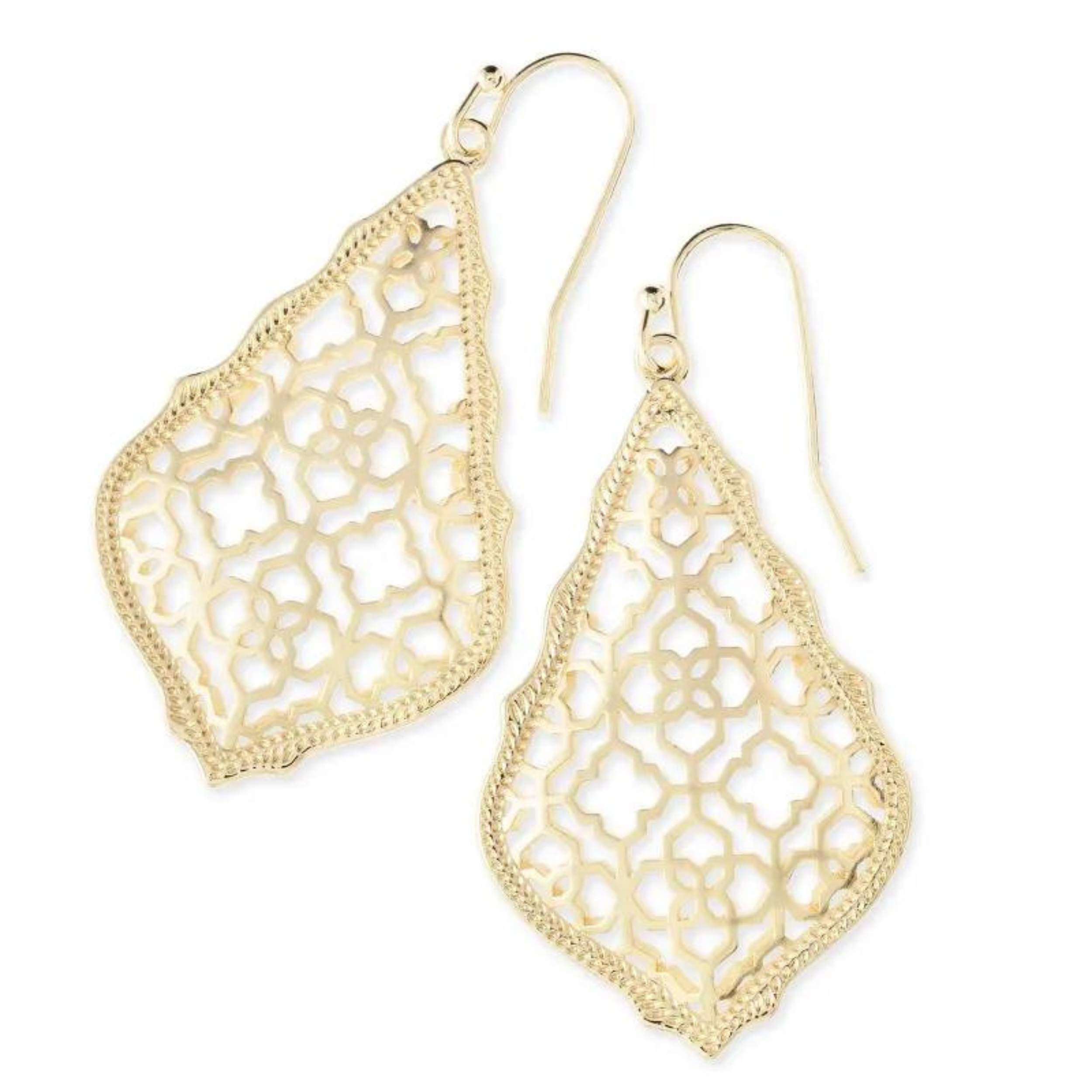 Gold dangle earrings pictured on a white background.