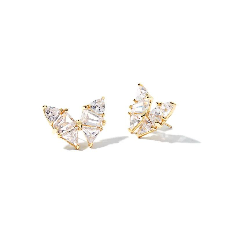 Gold butterfly studs with white crystal stones, pictured on a white background.
