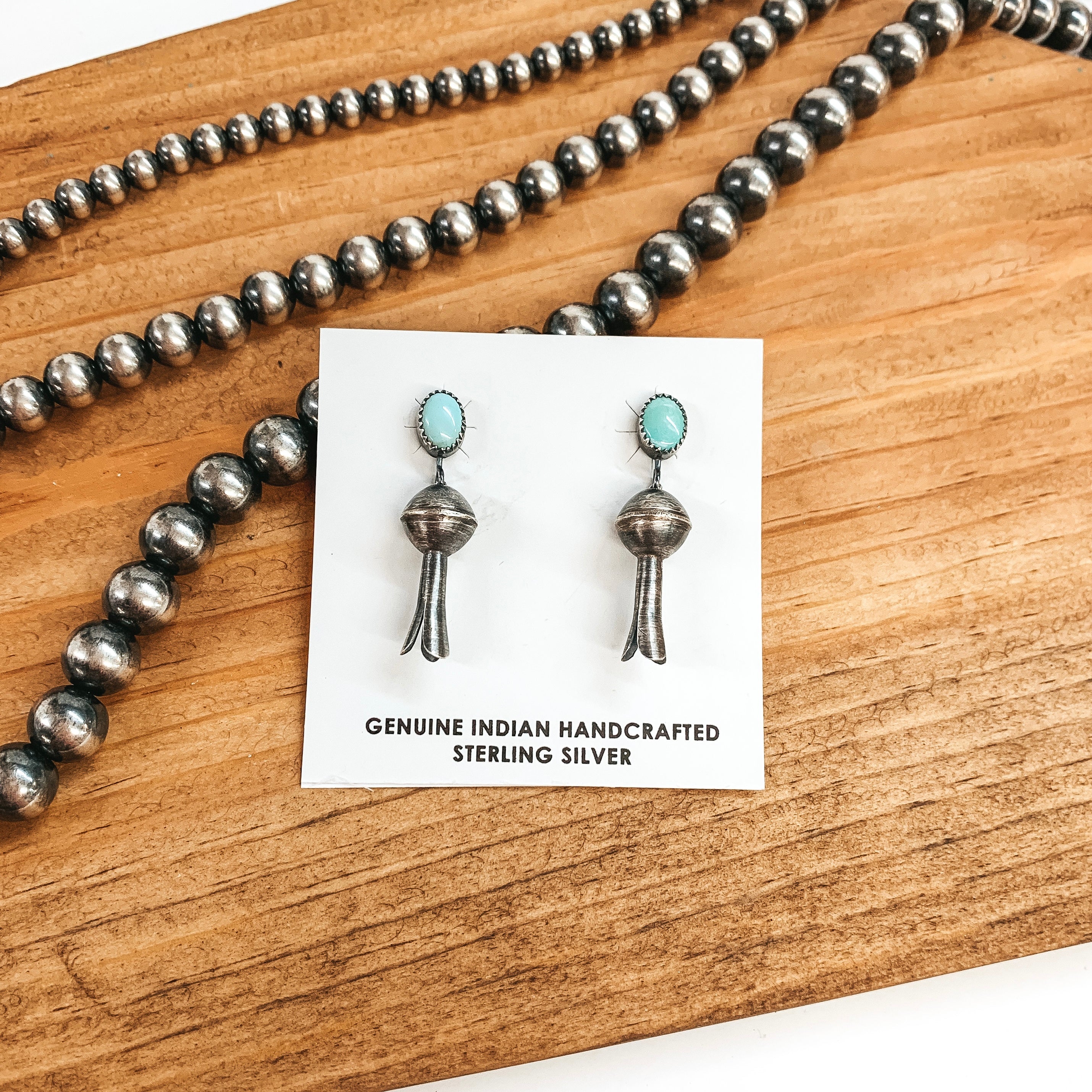 Navajo | Navajo Handmade Sterling Silver Squash Blossom Earrings with Turquoise Stone Posts - Giddy Up Glamour Boutique