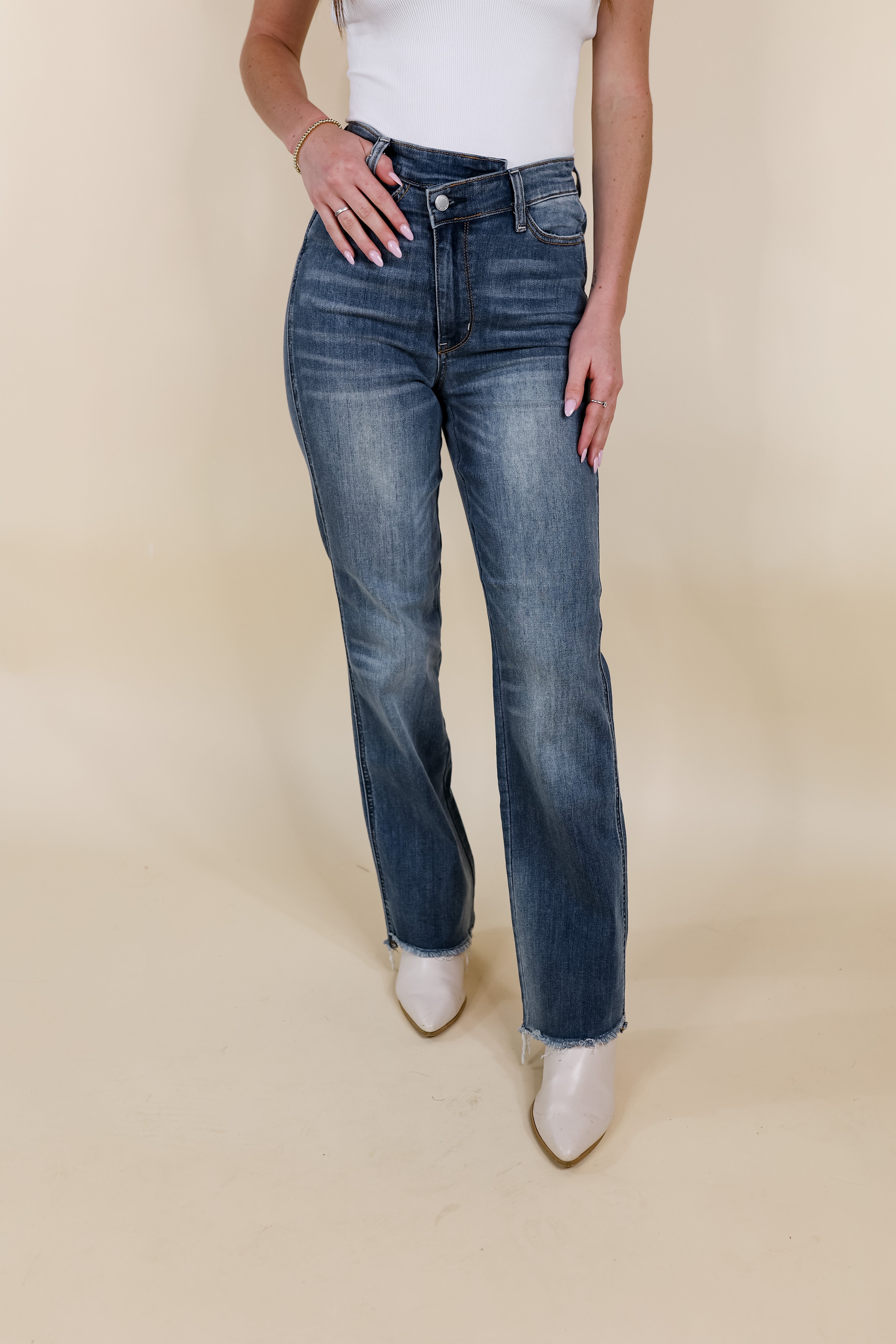 Judy Blue | Sure And Steady Criss-Cross Waistband Dad Jeans in Medium Wash - Giddy Up Glamour Boutique