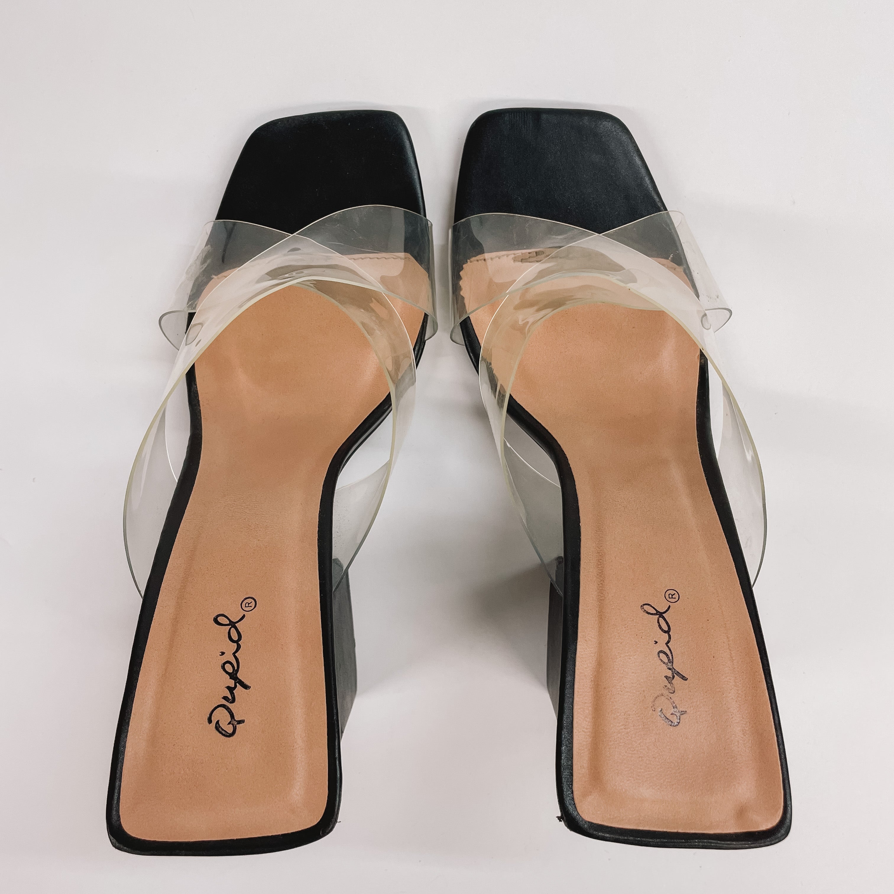 Model Shoes Size 9 | High Hopes Clear Criss Cross Block Heels in Black - Giddy Up Glamour Boutique