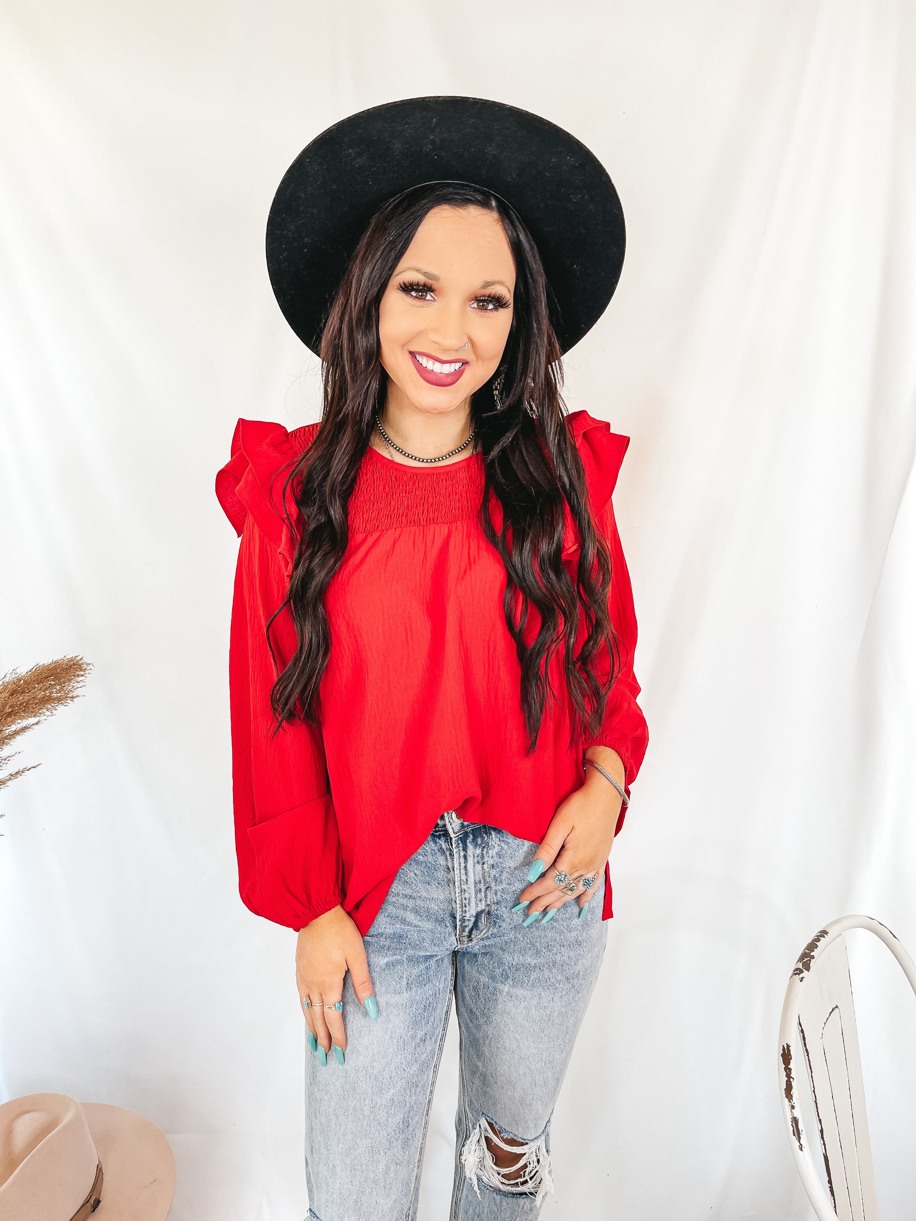 Balcony Nights Ruffle Shoulder Long Sleeve Blouse in Red - Giddy Up Glamour Boutique