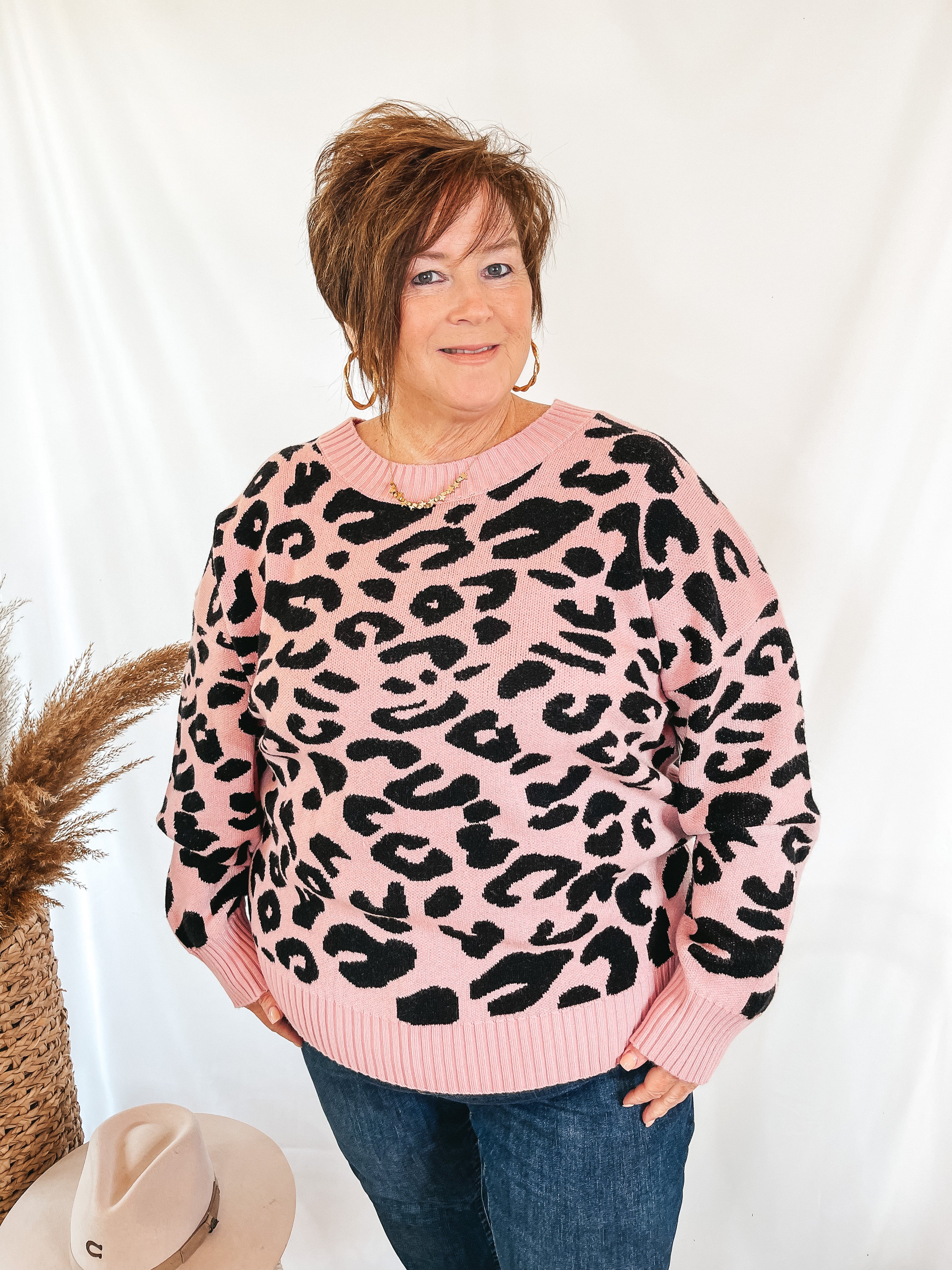 Cuffing Season Long Sleeve Leopard Sweater in Pink - Giddy Up Glamour Boutique