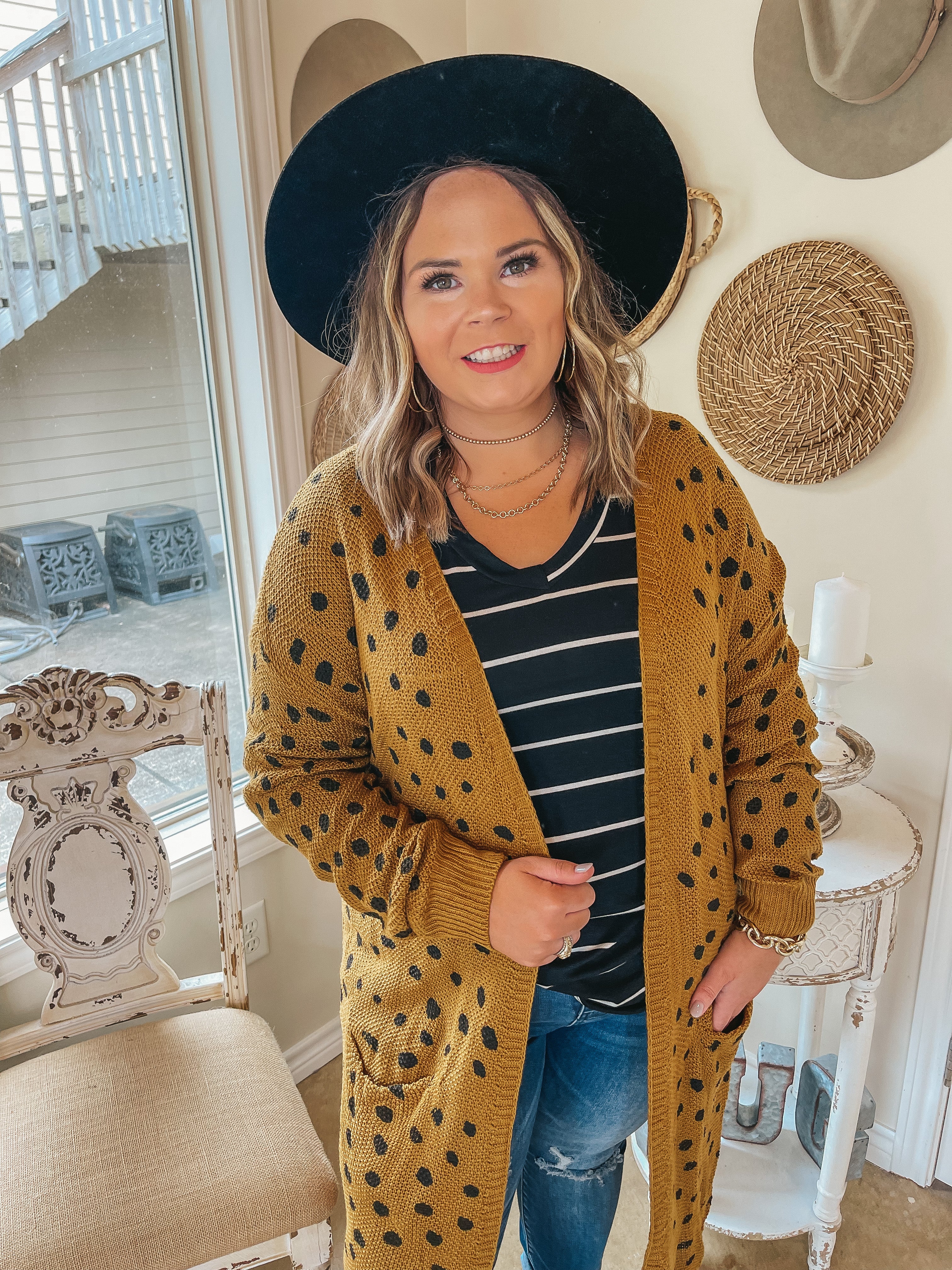 Boho Lifestyle Long Sleeve Polka Dot Duster Cardigan in Mustard Yellow - Giddy Up Glamour Boutique