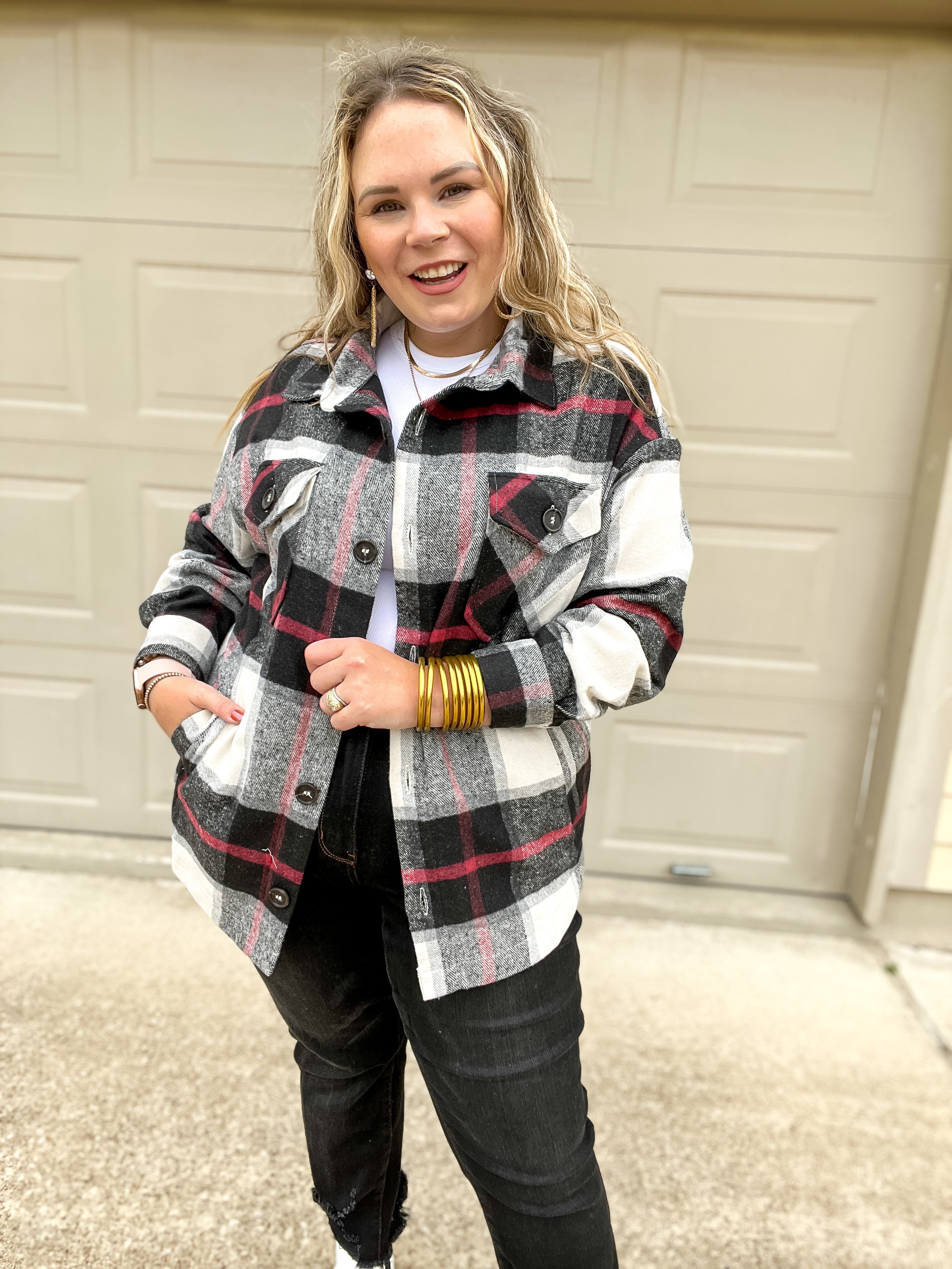 Autumn Air Plaid Button Up Shacket in Black - Giddy Up Glamour Boutique