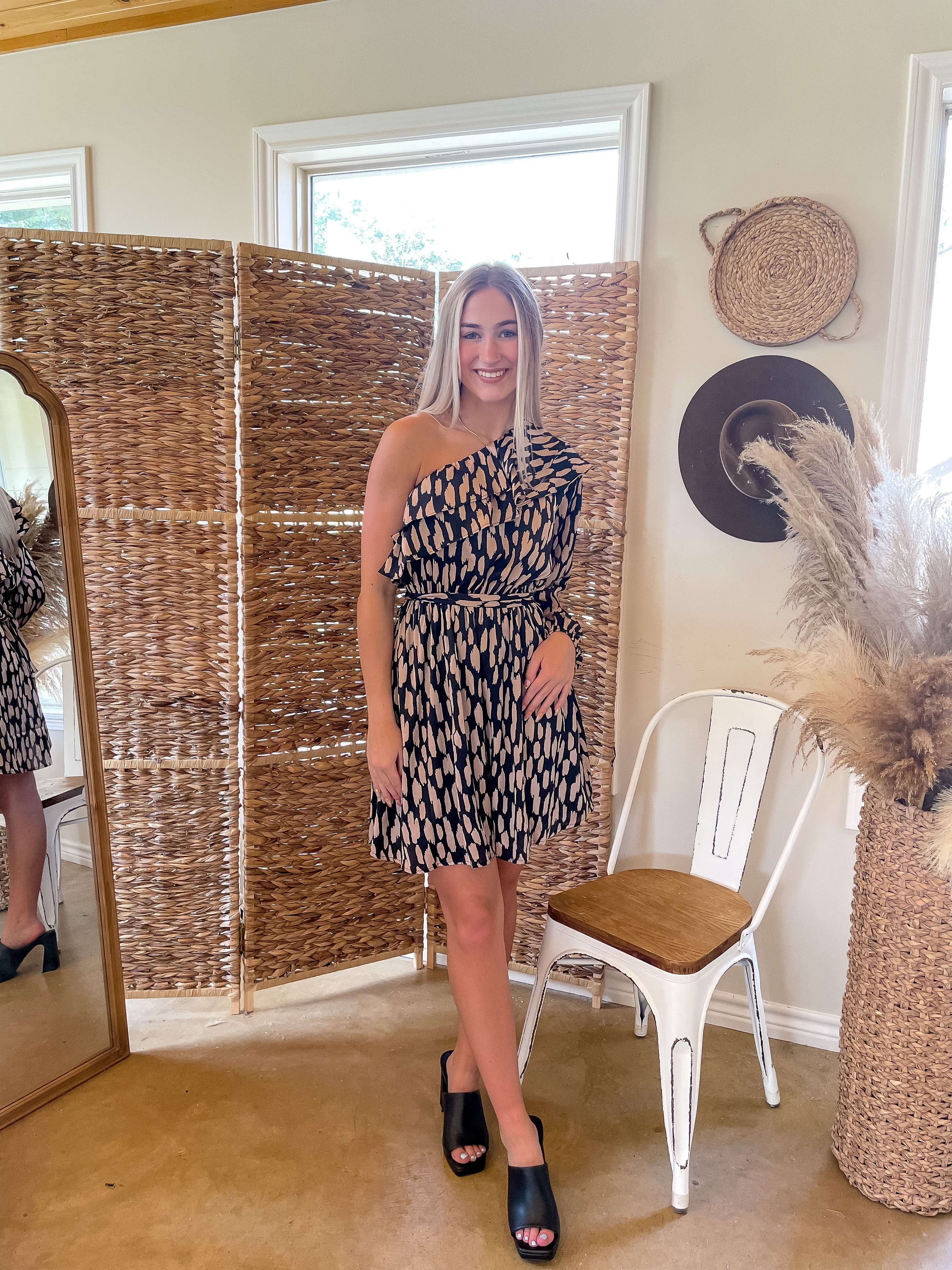 In First Place Animal Print One-Shoulder Dress in Black - Giddy Up Glamour Boutique