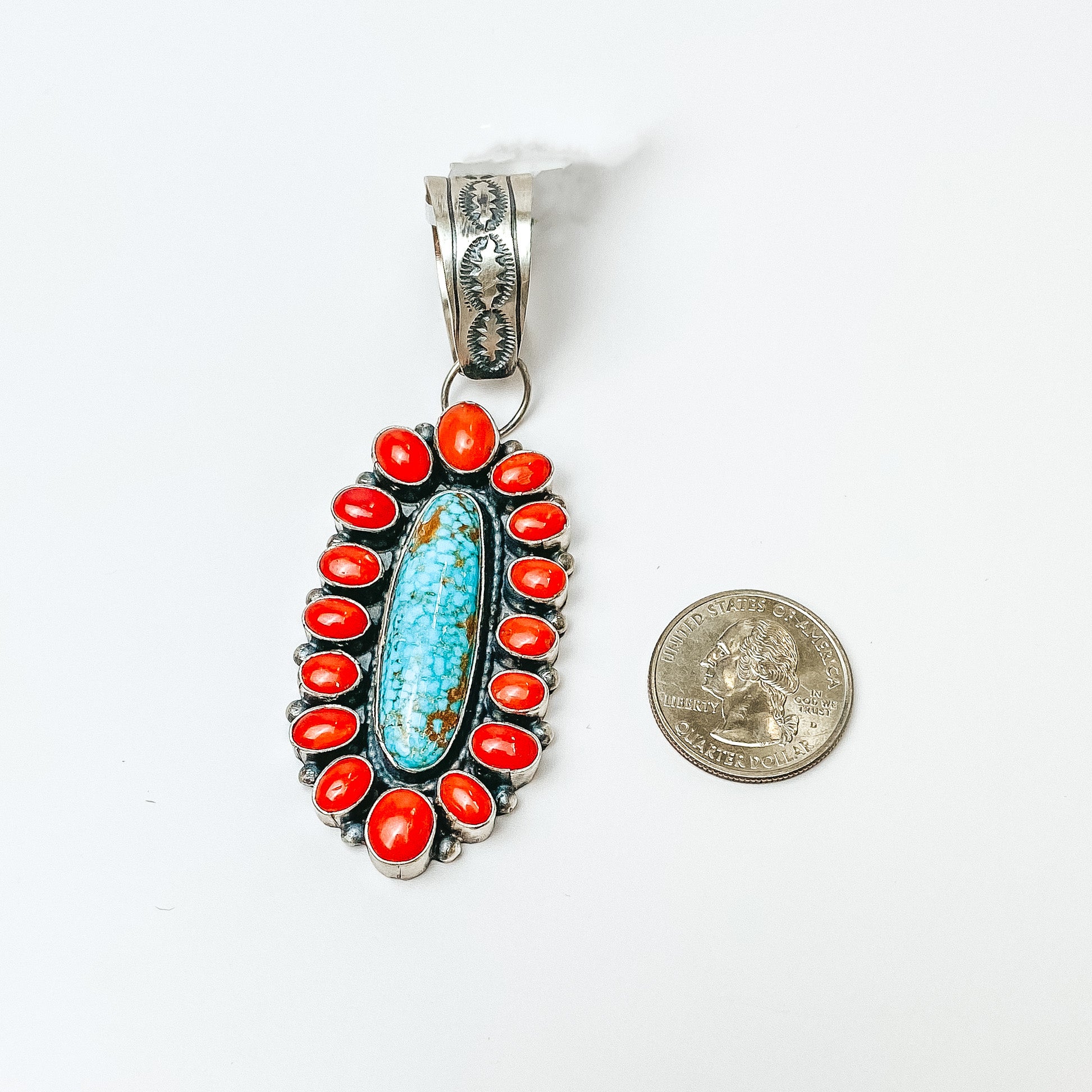 Tatum Skeets | Navajo Handmade Long Sterling Silver Coral and Turquoise Stone Cluster Pendant - Giddy Up Glamour Boutique